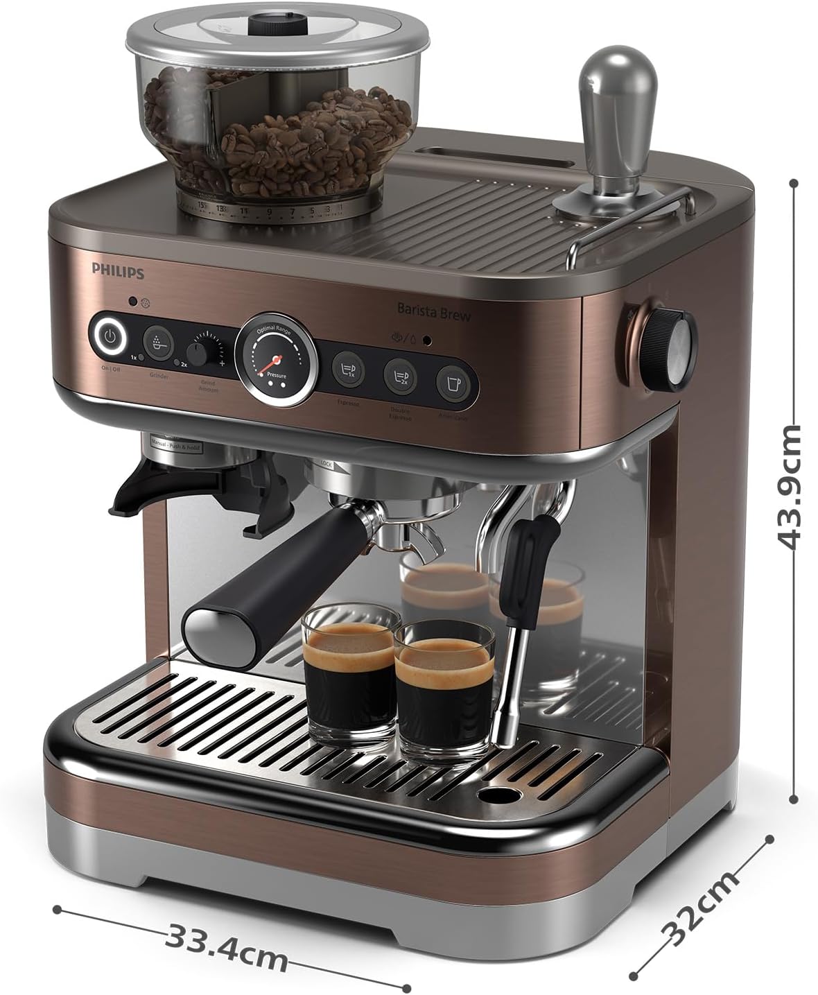 Philips Barista Brew Halbautomatische Espressomaschine - Einfacher & doppelter Espresso + Americano Taste, 250g Bohnenbehälter, Intuitive Führung, Kalibriertes Stampfen, Metall Silber (PSA3218/01)