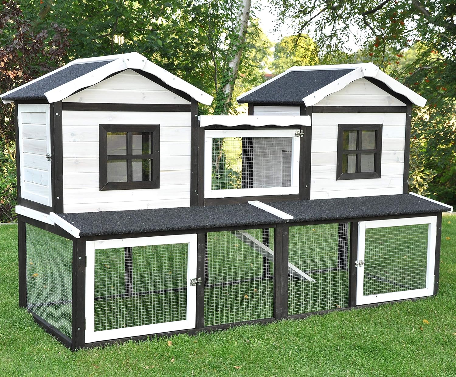 nanook Premium Hasenstall Kleintierstall Kaninchenstall XXL groß artgerecht mit Freilauf Gehege ideal für draußen 197 x 85 x 112 cm - braun weiß - 2 Ebenen