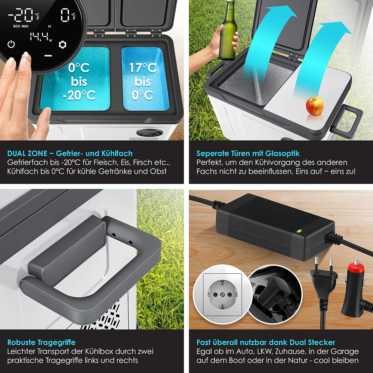 KESSER Kompressor Kühlbox 2in1 Doppelzone Kühl & Gefrierfach elektrische Gefrierbox mit 2x Kühlakkus & LED-Touch-Bedienung | Kühlschrank Kühlung bis -20 °C für Camping, Auto, Lkw 12/24V 230V