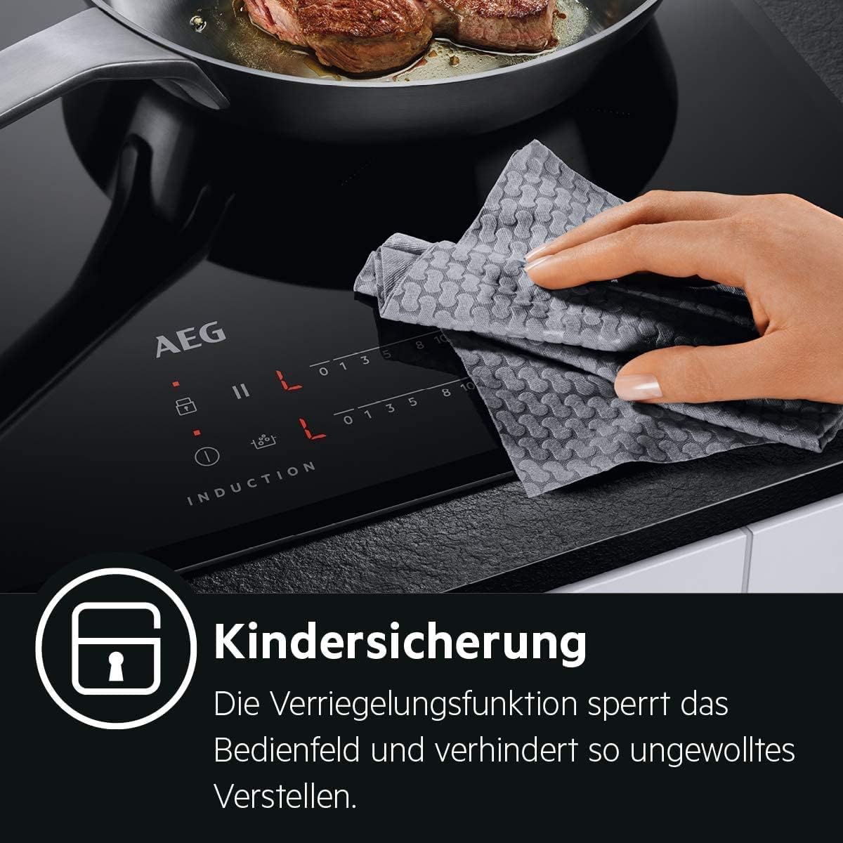 AEG IKE84441XB Autarkes Kochfeld / Herdplatte mit Touchscreen, Topferkennung & Hob²Hood-Funktion / Induktionskochplatte / 4 Kochzonen / Edelstahlrahmen / 80 cm Schwarz