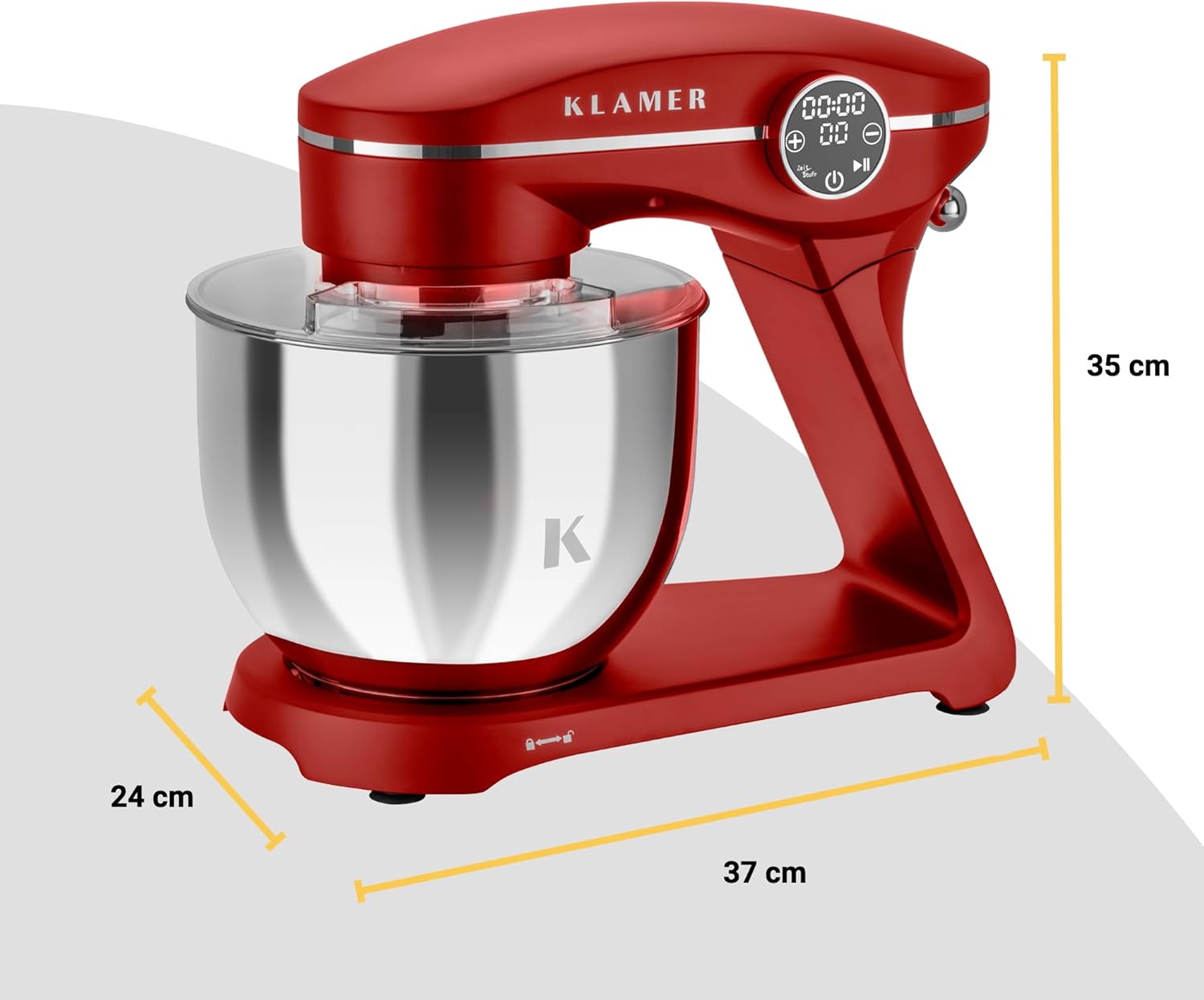 KLAMER Küchenmaschine 1800W, Knetmaschine mit 6 Liter Edelstahl Schüssel, 10 Geschwindigkeitsstufen mit Timer, Rührbesen, Knethaken, Schneebesen und Spritzschutz