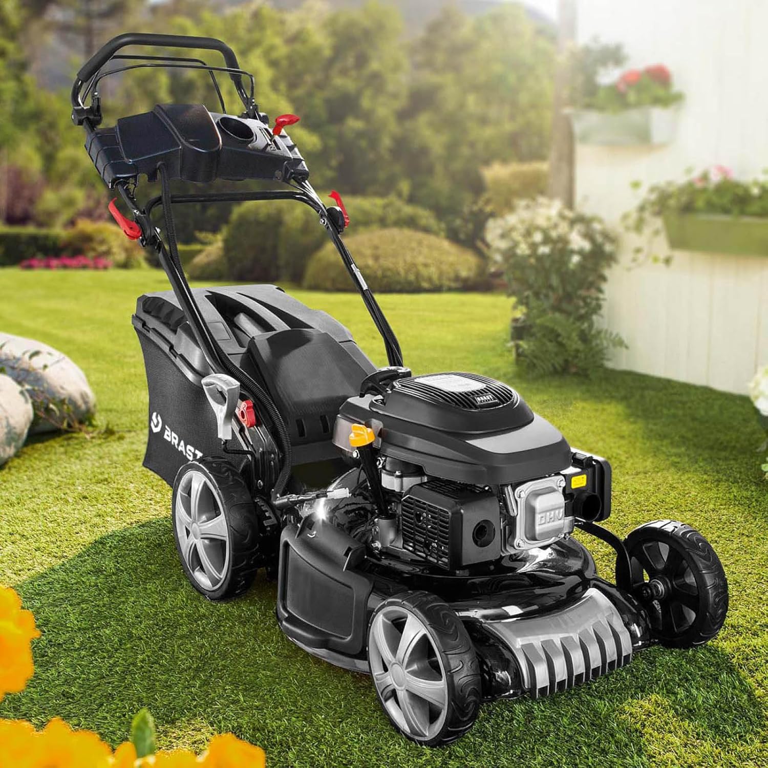 BRAST Benzin Rasenmäher mit Antrieb | 5,2kW(7PS) | Elektrostart | 48cm Schnittbreite | viele Modelle | TÜV | 4 Takt OHV Motor | 30-80mm Schnitthöhe | 60L Fangkorb | Stahlgehäuse | 19224 ESTART Speed