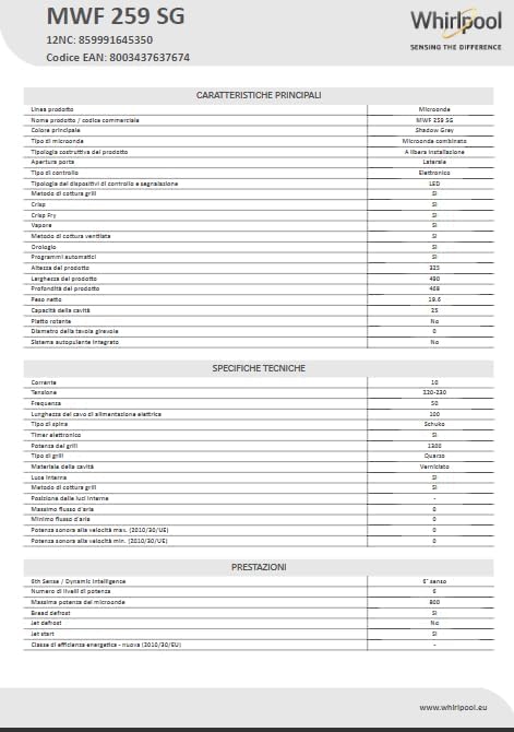 Whirlpool MWF 259 SG – Freistehende Mikrowelle – Abmessungen 46,8 cm x 49 cm x 32,5 cm. Mikrowelle 25 Liter mit Leistung 800 W Mikrowelle und 1300 W Grill, Grau Schatten, Mikrowelle ohne Teller.