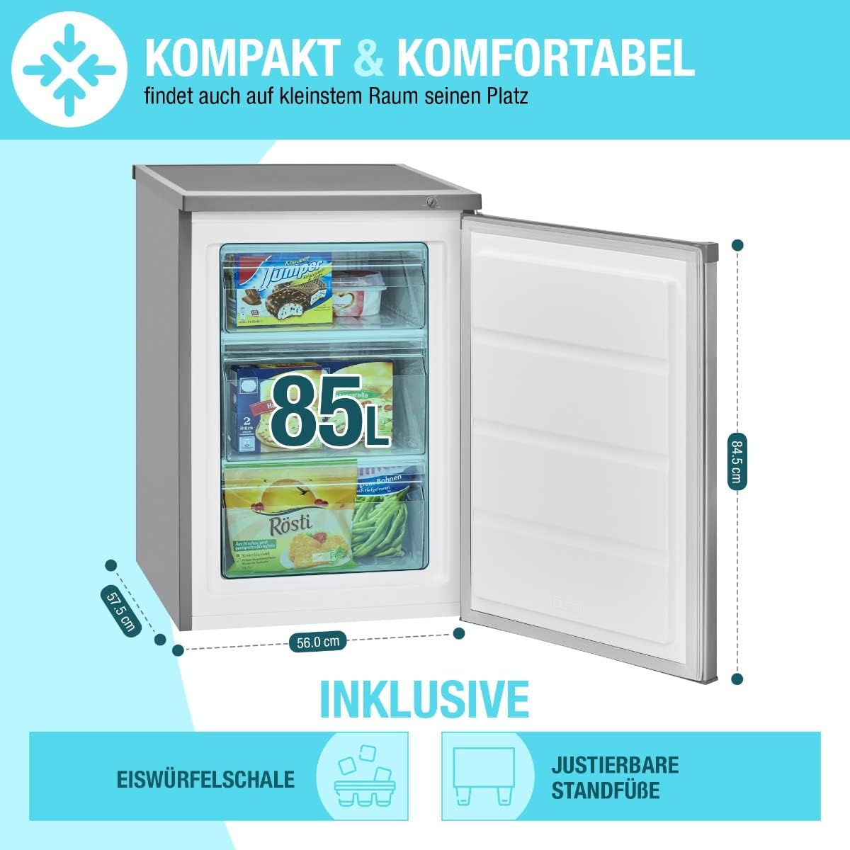 Bomann® Gefrierschrank | 85 Liter Nutzinhalt | Gefrierschrank klein mit 3 Gefrierschubladen u. Eiswürfelschale | Mini Fridge mit stufenloser Temperaturreglung | Türanschlag wechselbar | GS 2186.1 weiß