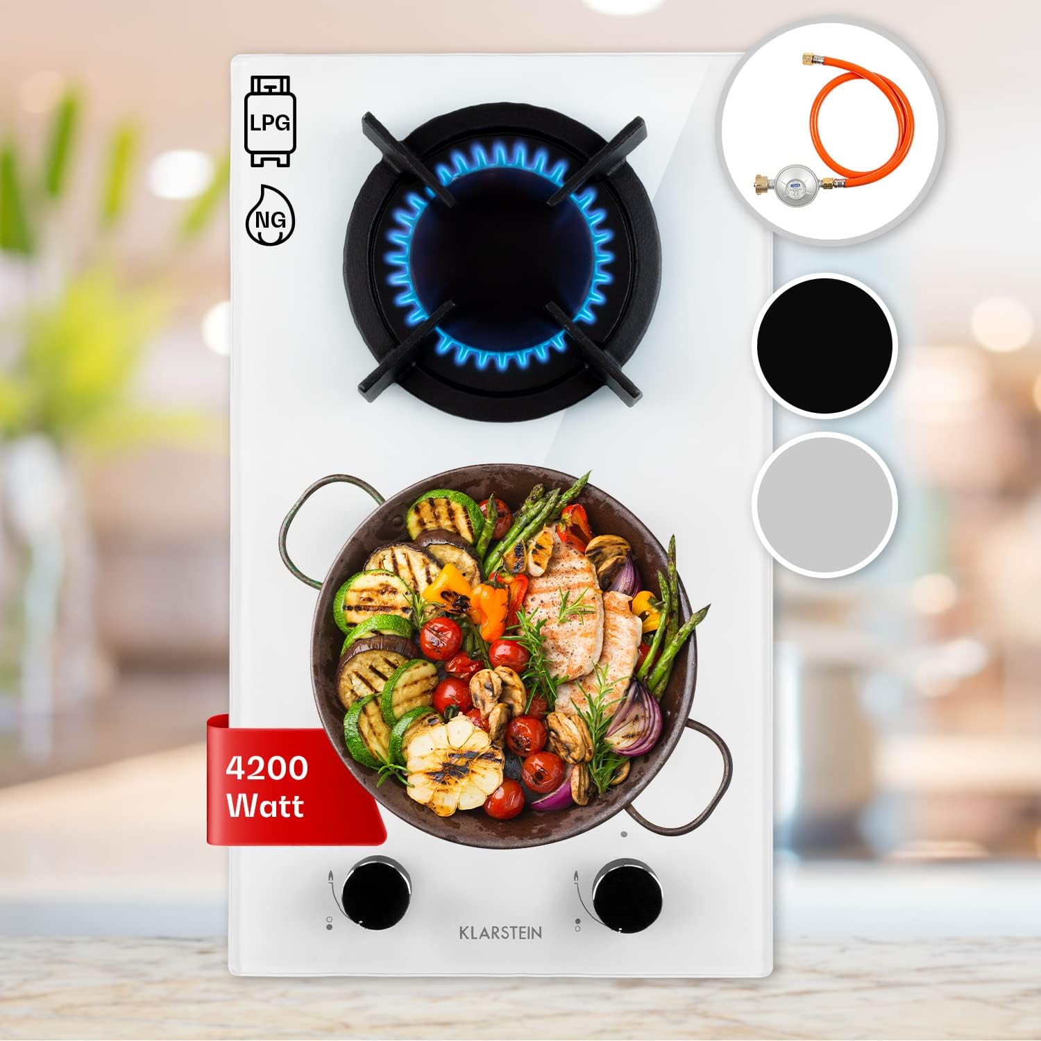 Klarstein Gasherd, Gaskochfeld 4 Flammig, Einbau-Gaskocher für Zuhause & Wohnmobil, Campingkocher mit Glasplatte, Gasherd für Propan- und Erdgas, Edelstahl Gas-Herdplatte Wok Brenner 8000 Watt