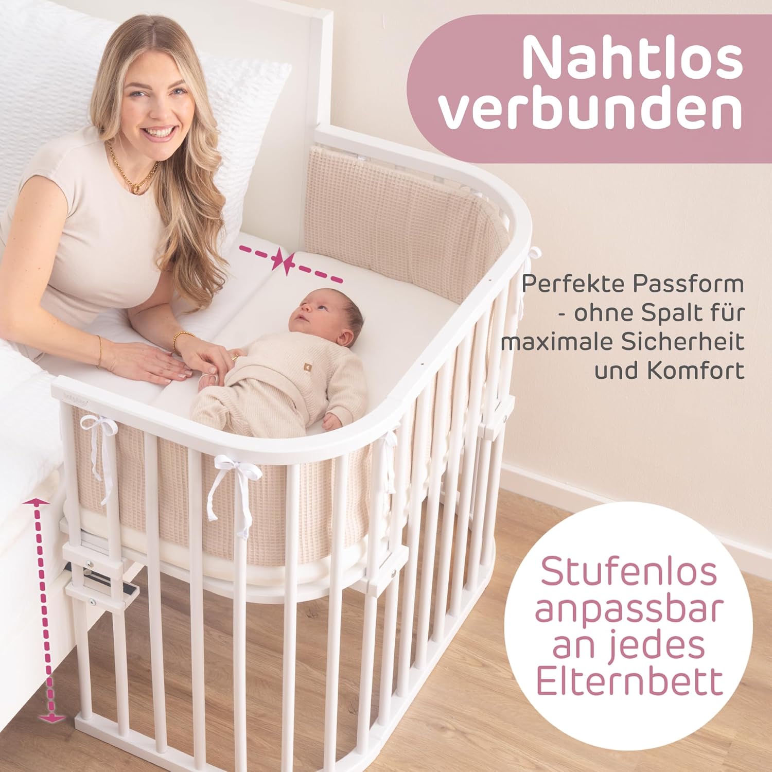 babybay Original Beistellbett aus massivem Buchenholz / kompakt & verwandelbar / Kinderbett Höhe stufenlos verstellbar & umweltfreundlich / mitwachsendes Babybett (weiß lackiert) / inkl. Matratze
