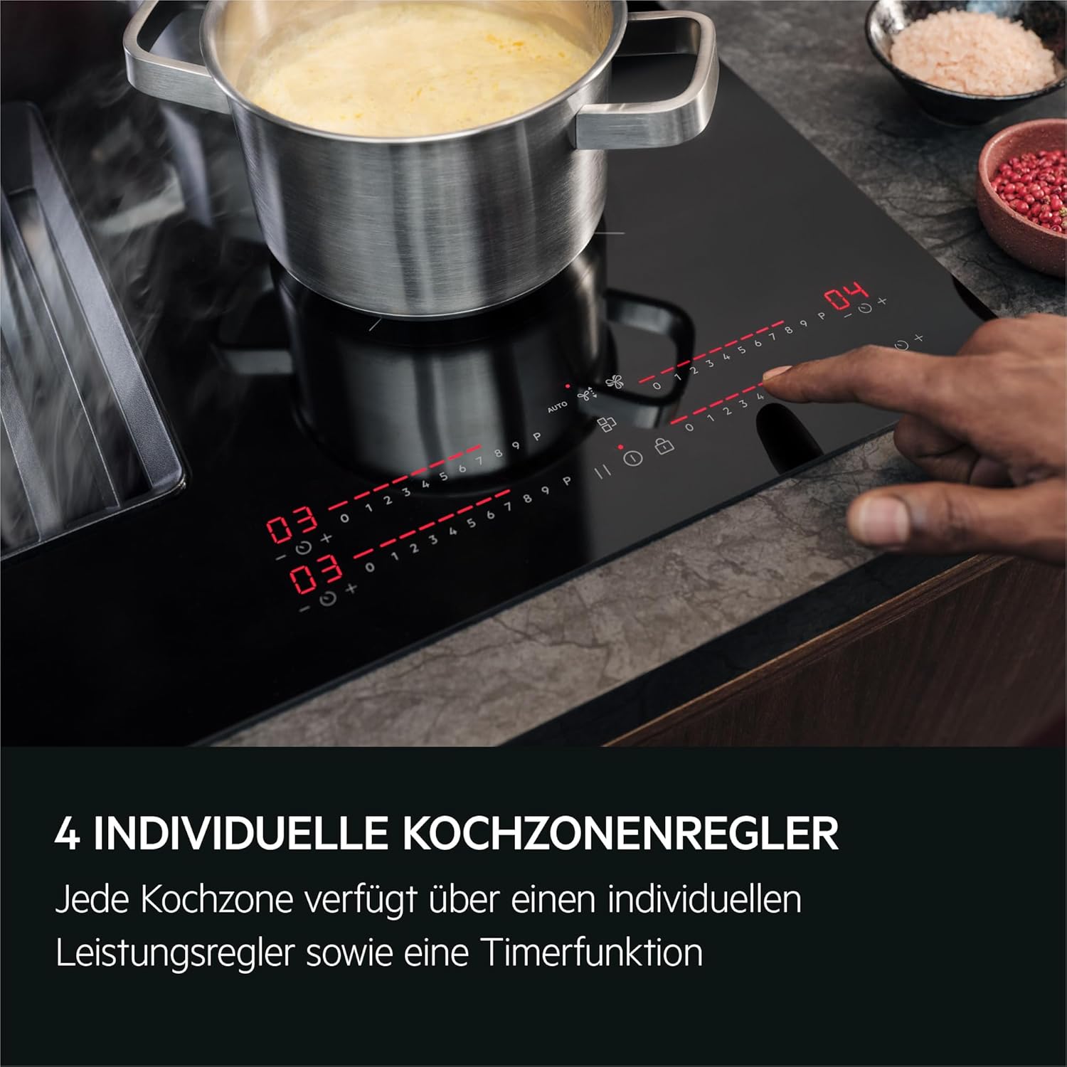 AEG IKE84441XB Autarkes Kochfeld / Herdplatte mit Touchscreen, Topferkennung & Hob²Hood-Funktion / Induktionskochplatte / 4 Kochzonen / Edelstahlrahmen / 80 cm Schwarz