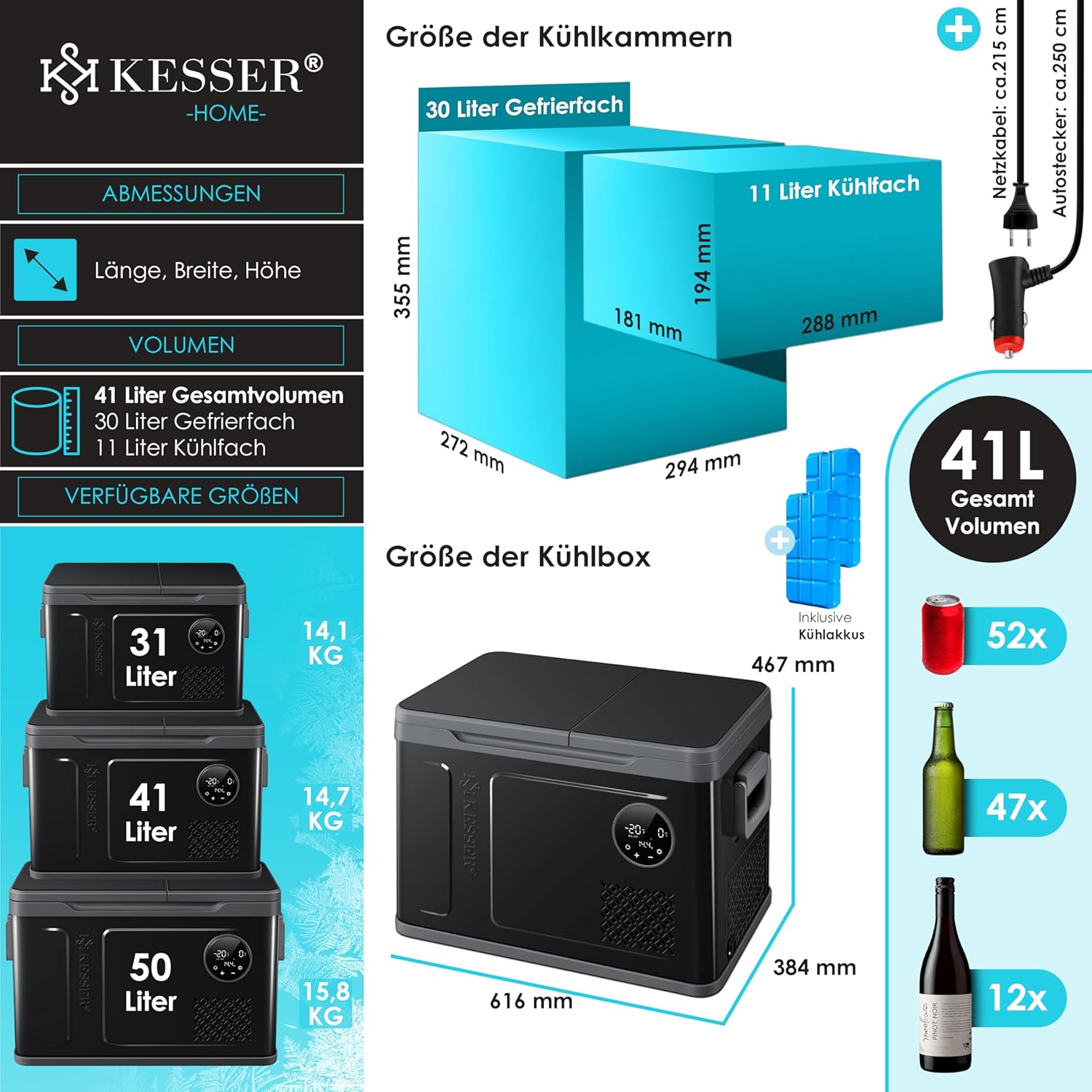 KESSER Kompressor Kühlbox 2in1 Doppelzone Kühl & Gefrierfach elektrische Gefrierbox mit 2x Kühlakkus & LED-Touch-Bedienung | Kühlschrank Kühlung bis -20 °C für Camping, Auto, Lkw 12/24V 230V
