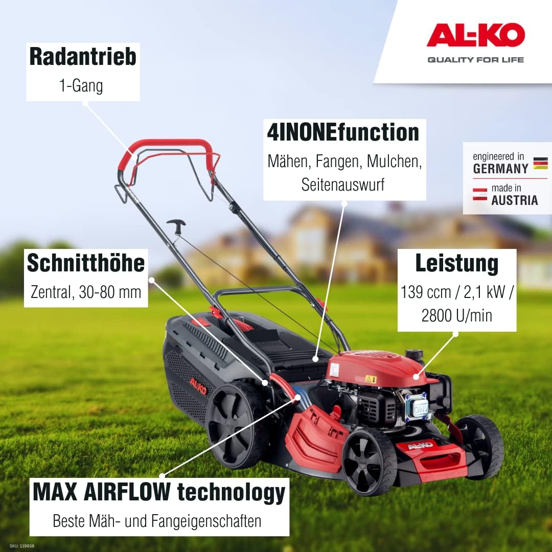 AL-KO Benzin-Rasenmäher Comfort 46.0 SP-A Plus (46 cm Schnittbreite, 2.1 kW Motorleistung, Robustes Stahlblechgehäuse, Hinterradantrieb, Mulchfunktion, Seitenauswurf, für Rasenflächen bis 1400 m²)