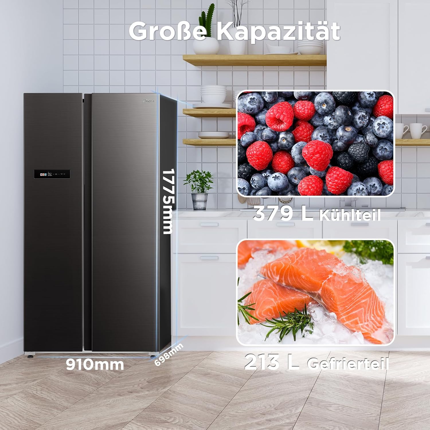 Midea KS-DDX 6.32 WT Side-by-Side Kühl-/Gefrierkombination/ 178,8 cm Hhe/ 254 kWh/Jahr/No Frost/Dual Inverter Compressor/mit 3in1 Wasser-/Eisspender und Wassertank, Dark Inox