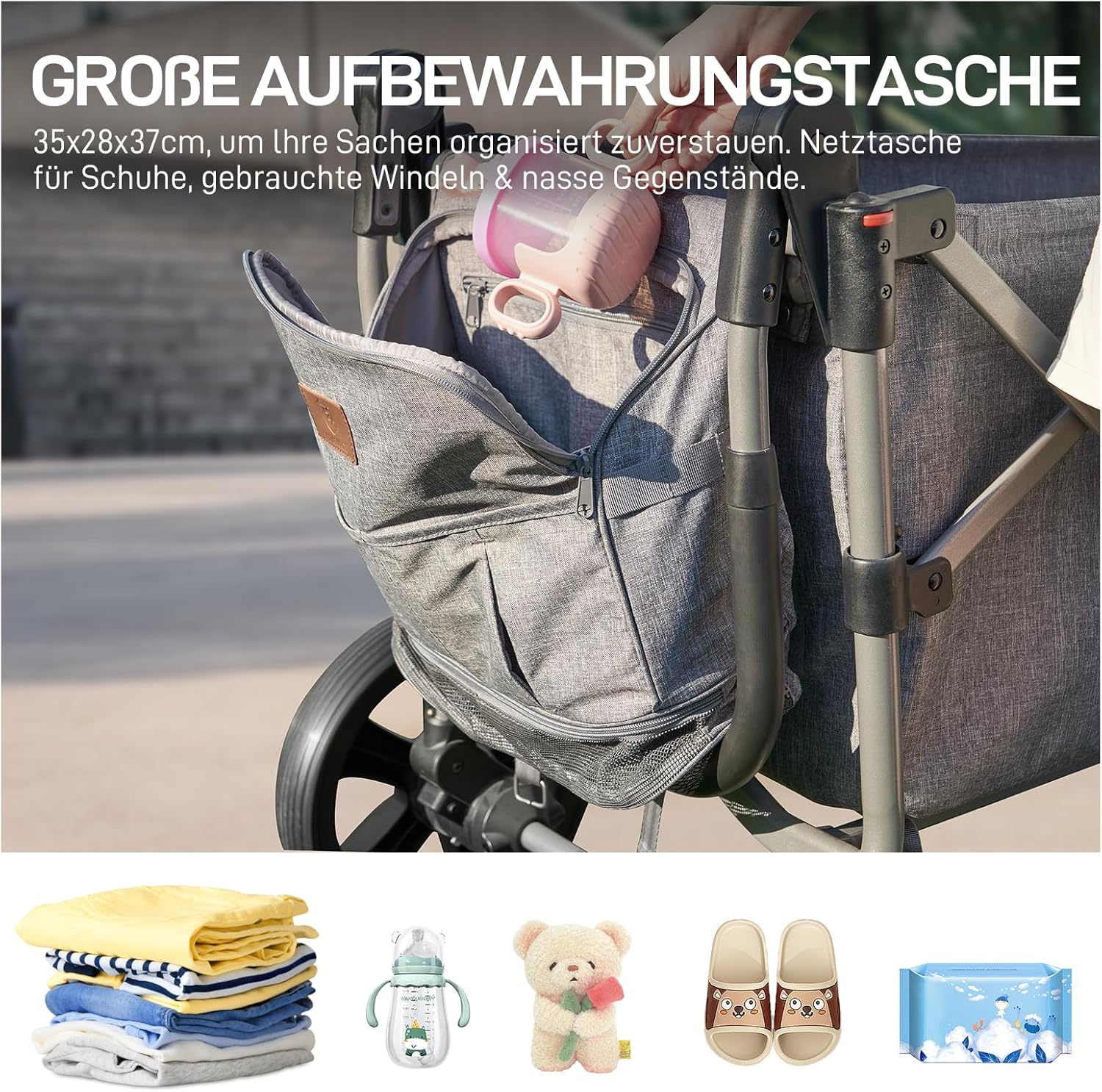 EVER ADVANCED Bollerwagen für 2 Kinder Faltbar mit Dach, Kinderwagen 2x5 Punkt Sicherheitsgurt mit Wickelrucksack, Bollerwagen mit Sitz, Handwagen Transportwagen, Ziehen & Schieben, Fußbremse