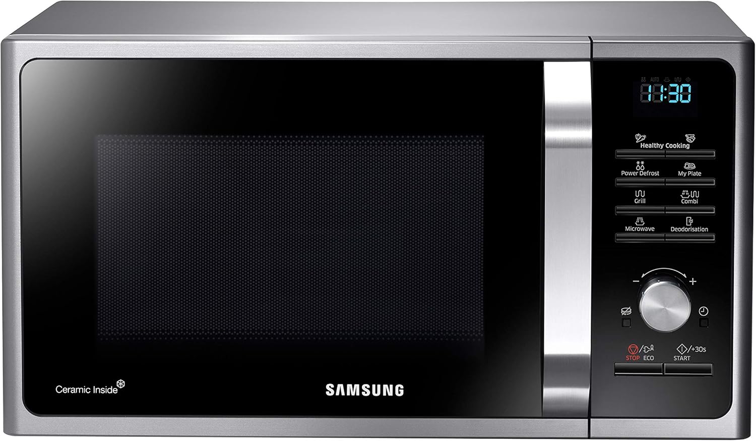 Samsung MG2BF303TCS/EG Mikrowelle mit Grill, 900 W, 28 ℓ Garraum (Extra groß), 51,7 cm Breite, Power Defrost, 26 Automatikprogramme, Silber