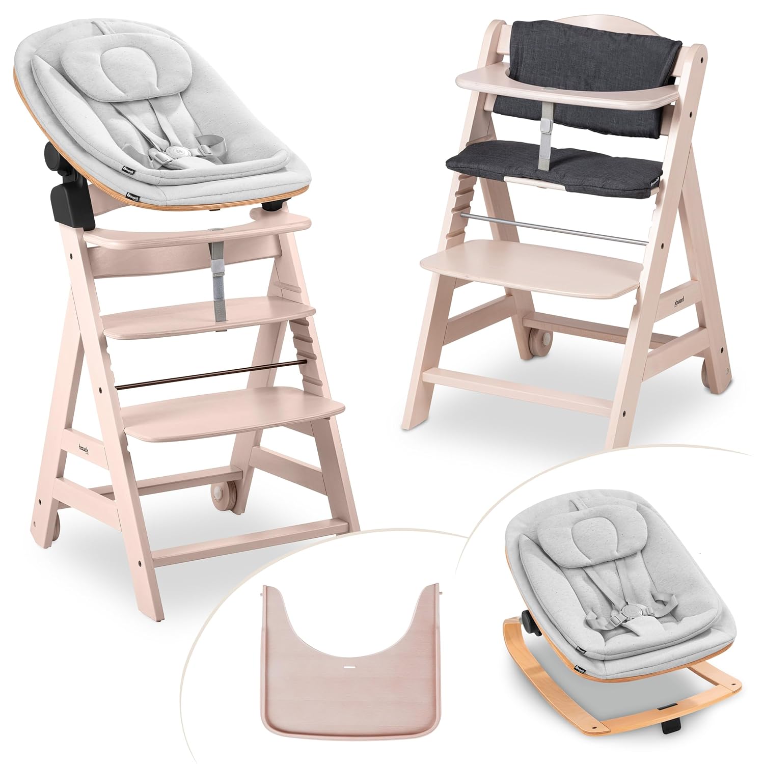 hauck Hochstuhl Beta+ Newborn Set Eco Bouncer - mitwachsender Holz Babyhochstuhl ab Geburt, inkl. Neugeborenenaufsatz, Sitzpolster und Essbrett - Dark Grey