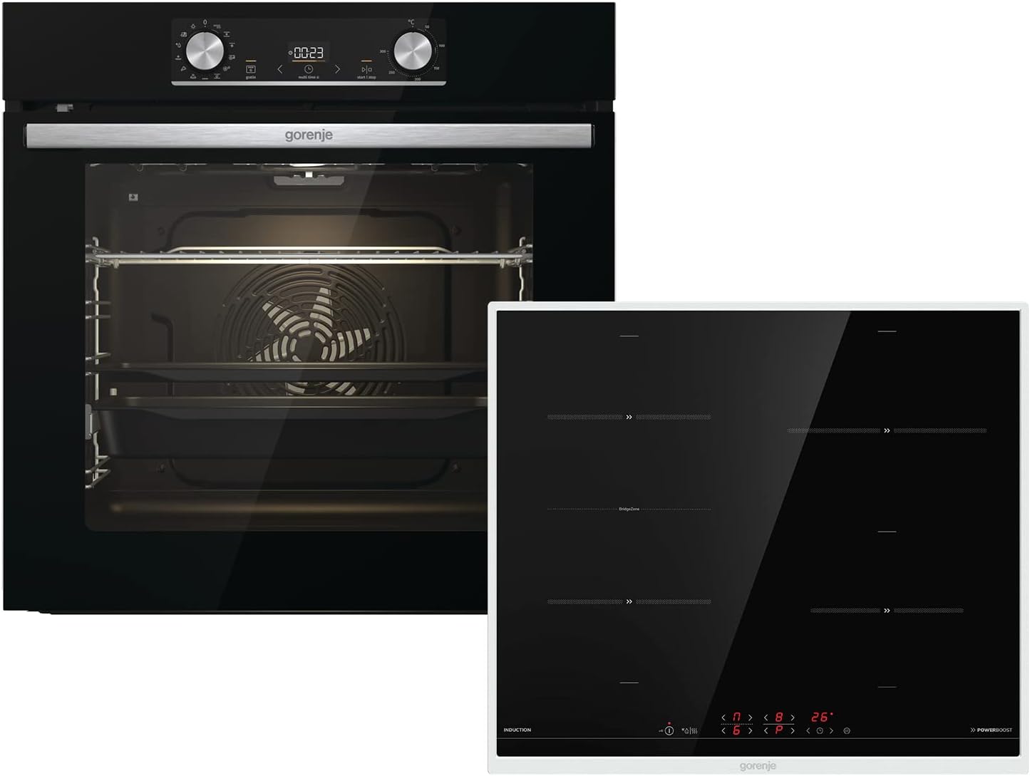 Gorenje 738971 Einbaubackofen-Set OptiBake Black Steam Pyro Set / 77L / Heißluft/Pyrolyse/ExtraSteam/GentleClose/AirFry/Pizzamode 300°C/PerfectGrill/Induktions-Kochfeld mit BridgeZone/schwarz
