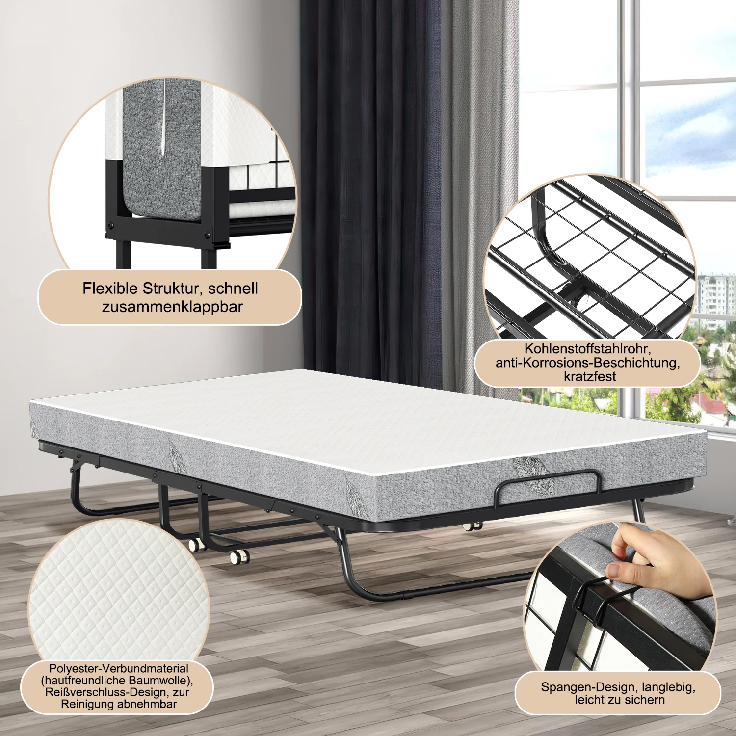 Sonnewelt Klappbett 90x200cm mit 13cm Dicke und Rollen