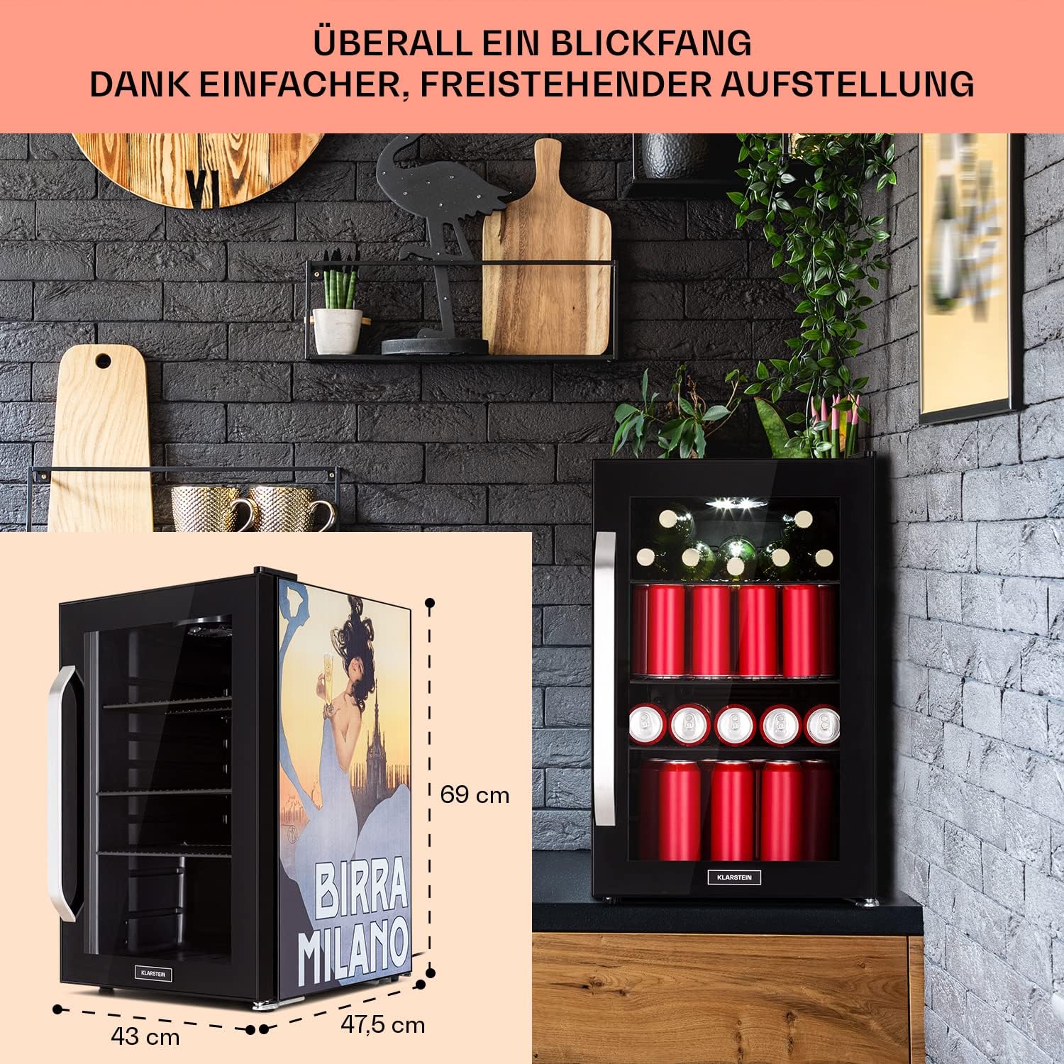 Klarstein Kühlschrank 70L, Kleiner Kühlschrank mit Herausnehmbaren Ablagen, Leiser Mini Kühlschrank mit Glastür & LED, Getränkekühlschrank Klein, Outdoor Geeignet, Biersafe für Flaschen, 0-10°C