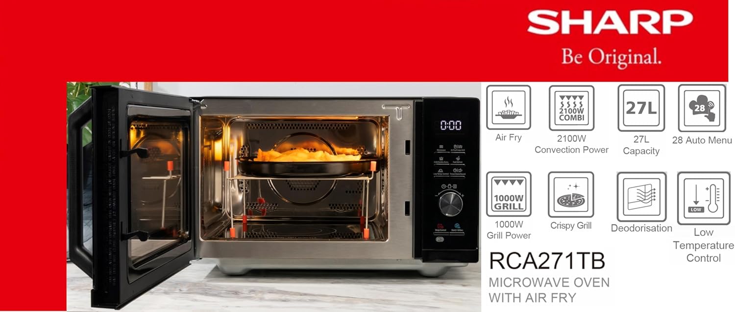 Sharp RCA271TB 5-in-1 Airfry-Mikrowelle 900W, Grill 1000 W, Heißluft & AirFry-Funktion, Konvektion 2100W, 27 L, 28 Autom.pr., Gewicht und zeitgesteuertes Auftauen, Schwarz