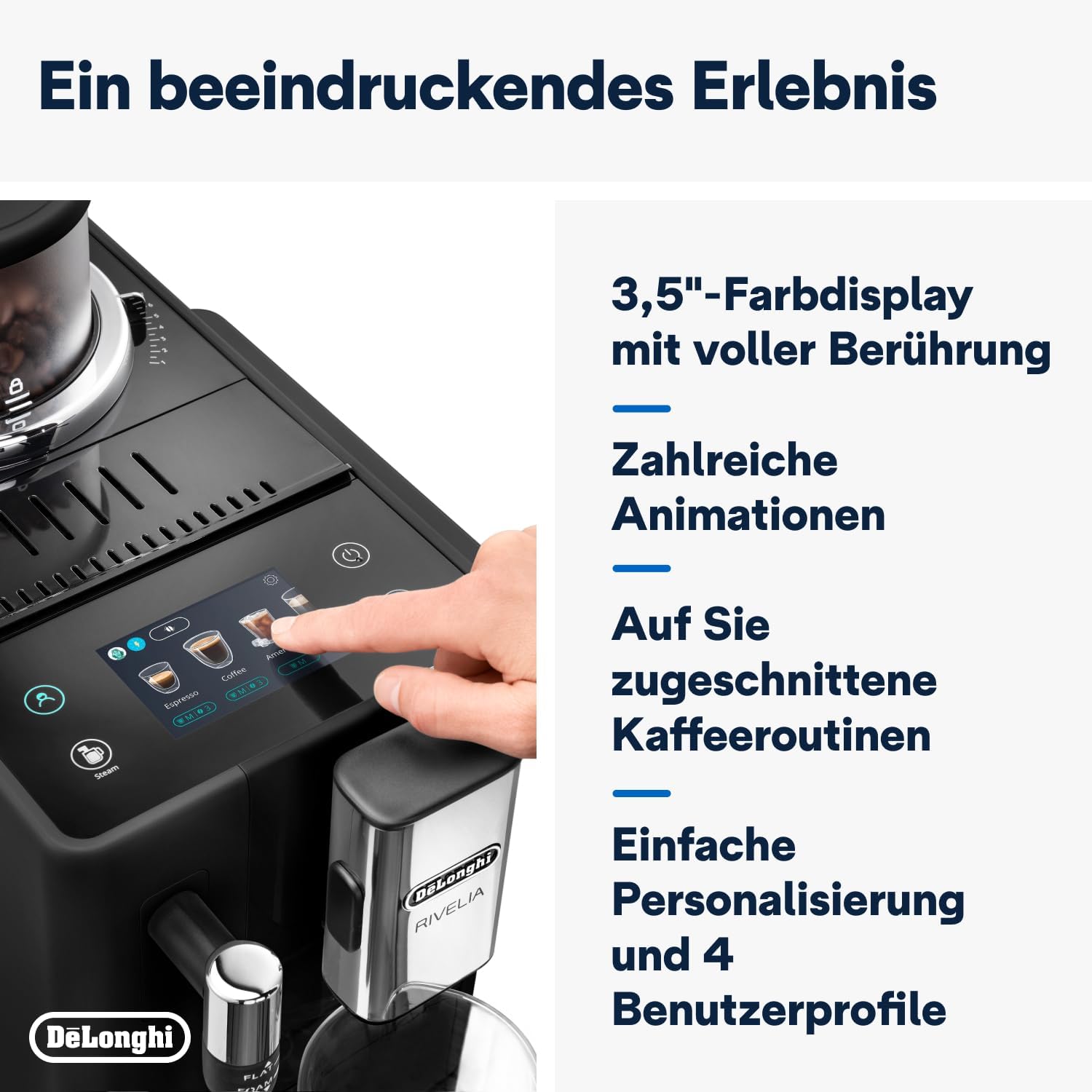 De'Longhi Rivelia EXAM440.55.W Kaffeevollautomat mit LatteCrema Milchsystem, Wechselbarer Bohnenbehälter, 16 Kaffee- & Milchgetränke auf Knopfdruck, Extra-Shot-Funktion, 3,5 Touch-Display, Weiß