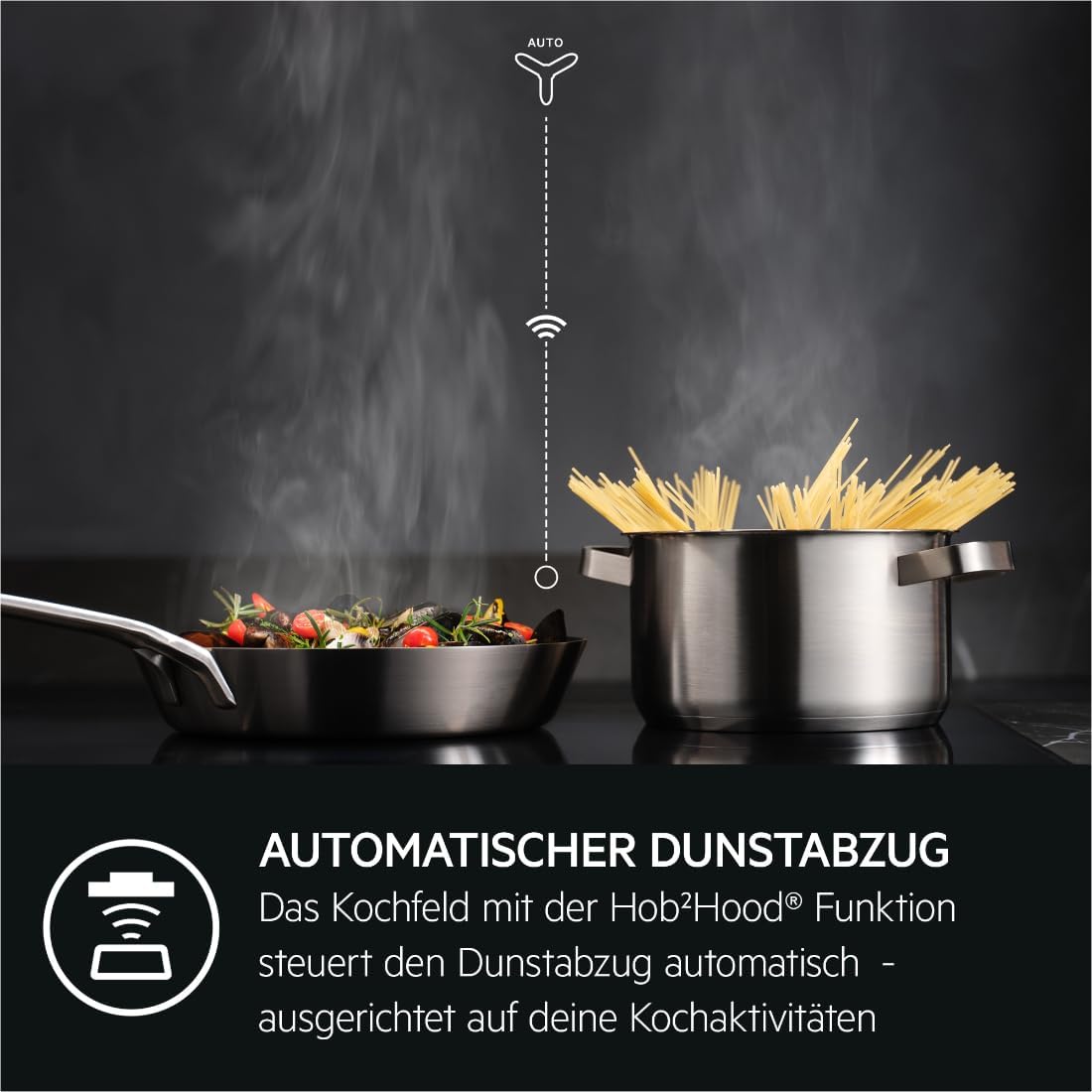 AEG IKE84441XB Autarkes Kochfeld / Herdplatte mit Touchscreen, Topferkennung & Hob²Hood-Funktion / Induktionskochplatte / 4 Kochzonen / Edelstahlrahmen / 80 cm Schwarz