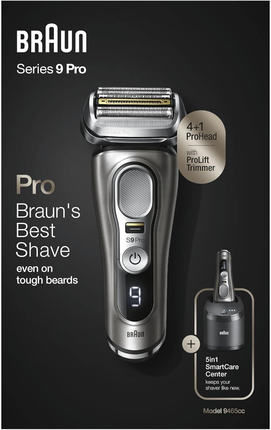 Braun Series 9 Pro Premium Rasierer Herren, Testsieger Stiftung Warentest, 4+1 Scherkopf, Elektrorasierer & Trimmer, Reinigungsstation, 60 Min Laufzeit, 9465cc, noble metal