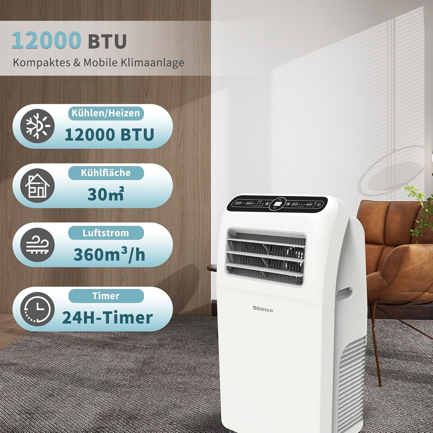 SHINCO Mobile Klimaanlage mit Abluftschlauch, 12000BTU, Kühlung&Heizung&Ventilieren&Entfeuchten, Mobiles Klimagert mit Fenstermontage-Kit, 24H-Timer, APP, für Rume von etwa 90m