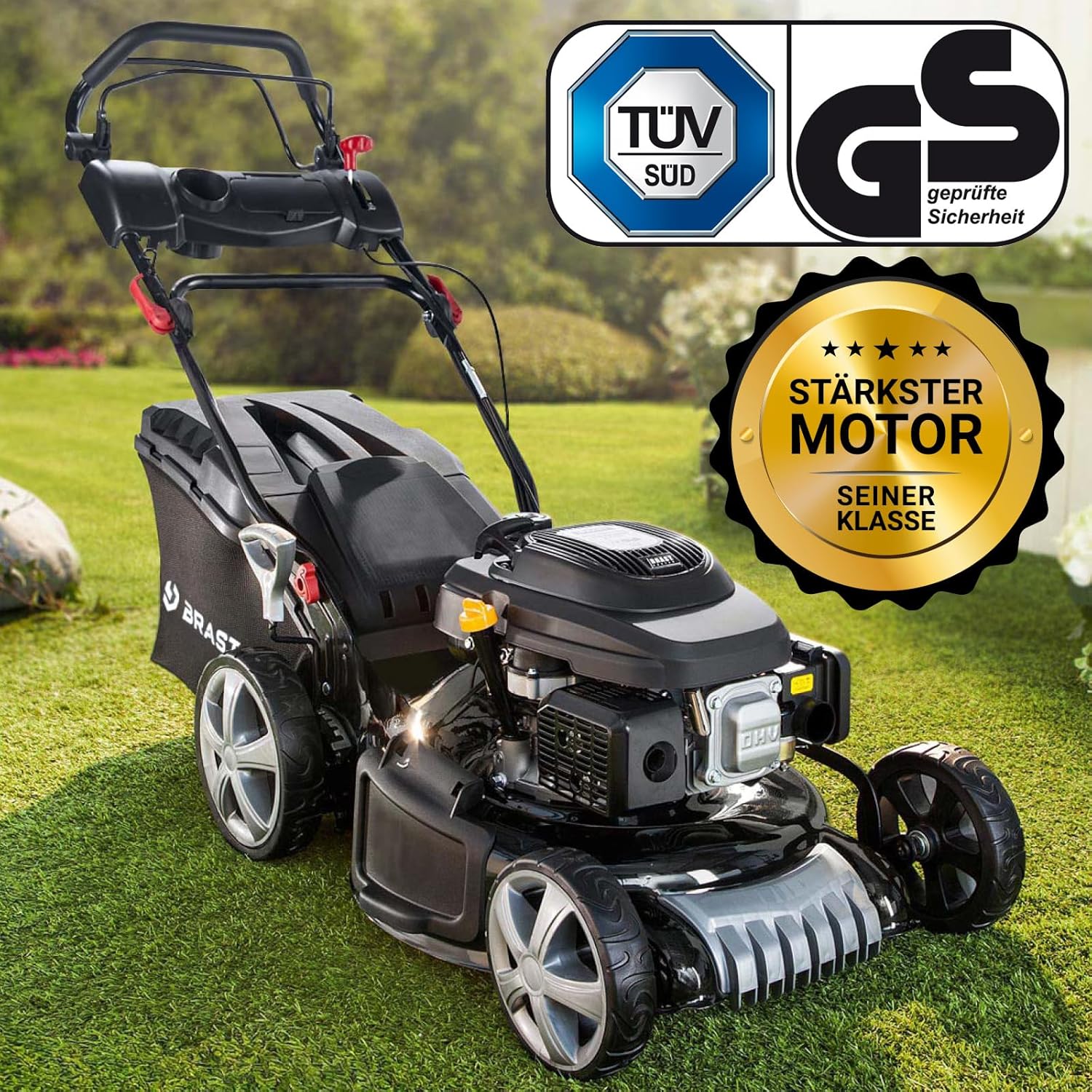 BRAST Benzin Rasenmäher mit Antrieb | 5,2kW(7PS) | Elektrostart | 48cm Schnittbreite | viele Modelle | TÜV | 4 Takt OHV Motor | 30-80mm Schnitthöhe | 60L Fangkorb | Stahlgehäuse | 19224 ESTART Speed