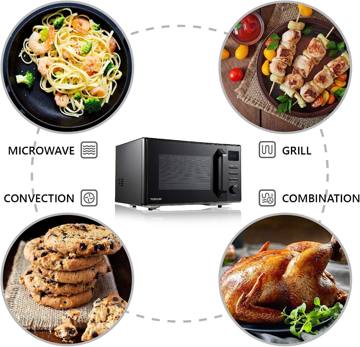 Toshiba MW2-AC25T(BK) 4-in-1 Mikrowellengrill mit Konvention, 25 l, 10 einfache Speisekarten, emaillierter Hohlraum, Speicherplatz drehbar, 1100 W Grill, 2100 W, Konvention, Schwarz