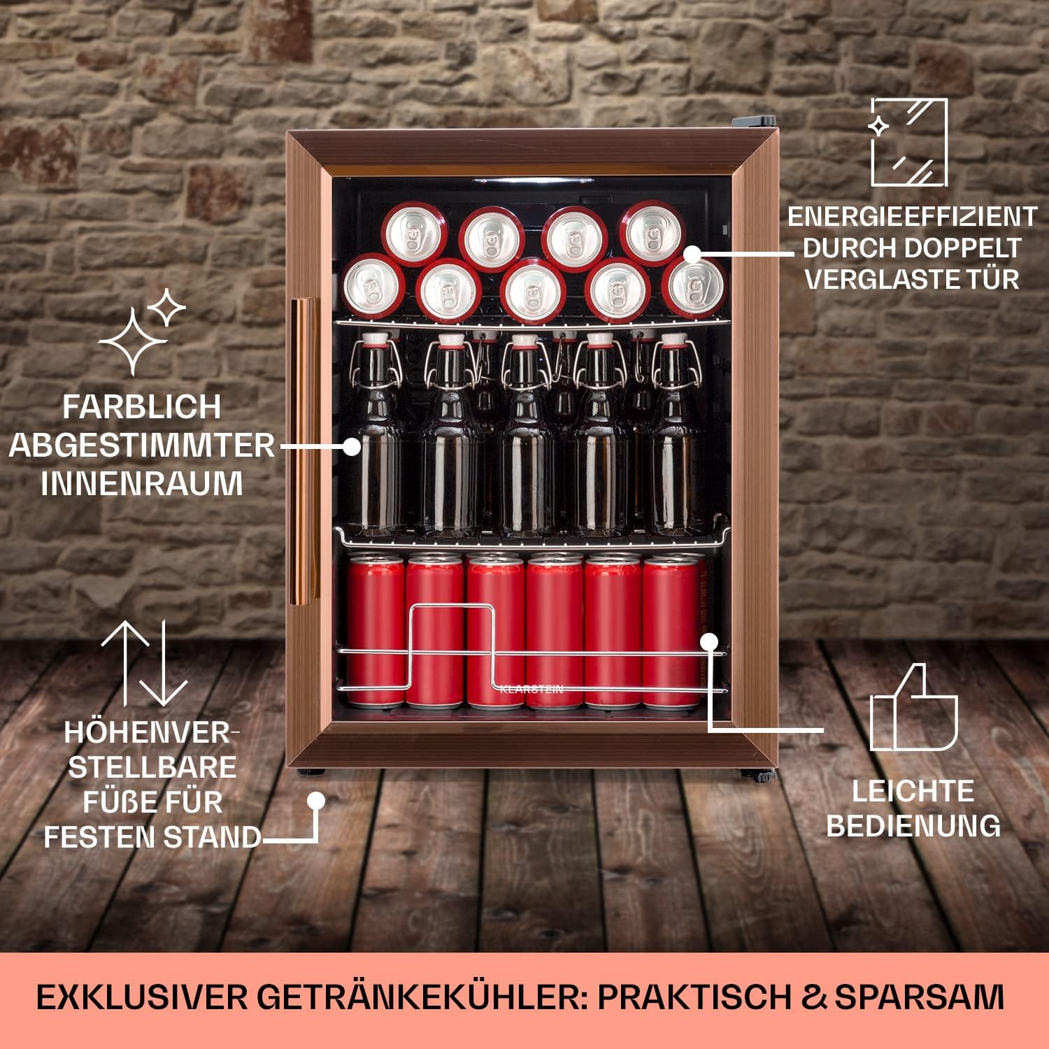 Klarstein Mini Kühlschrank mit Glastür für Zimmer, Getrnkekühlschrank mit Verstellbaren Ablagen, Kleiner 80 Liter, Indoor/Outdoor Kühlschrank Leise