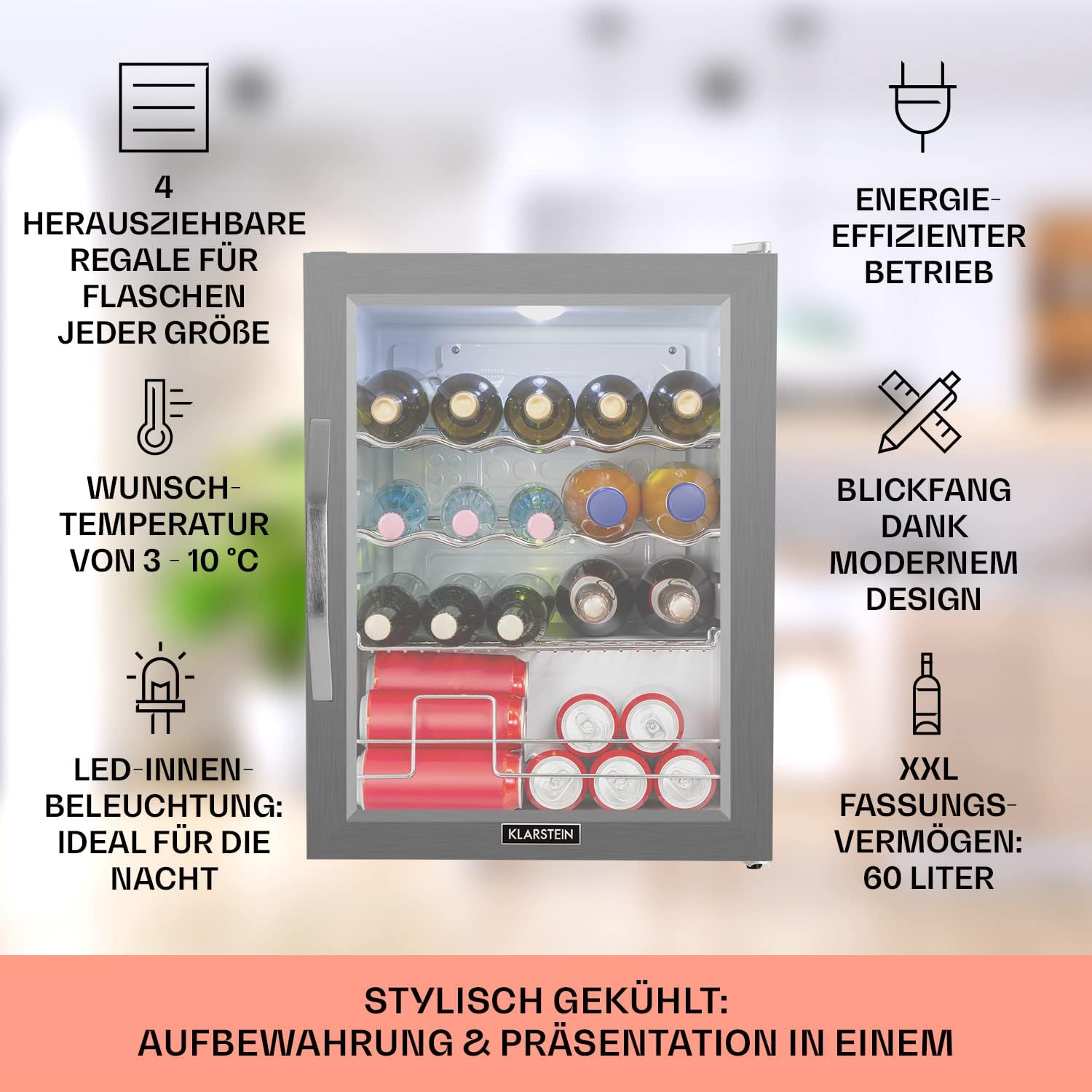 Klarstein Mini Kühlschrank mit Glastür für Zimmer, Getrnkekühlschrank mit Verstellbaren Ablagen, Kleiner 80 Liter, Indoor/Outdoor Kühlschrank Leise