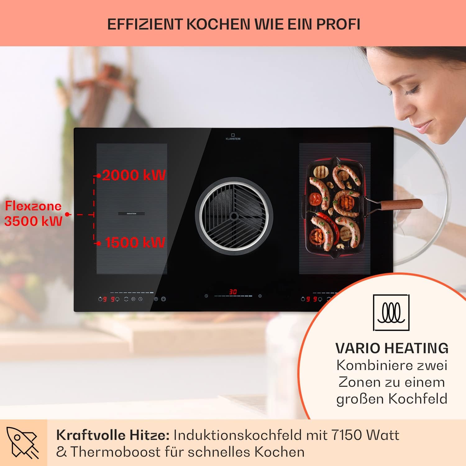 Klarstein 2-in-1 Induktionskochfeld mit Dunstabzug, Induktionskochfeld mit Abluft & Ventilator, 4-Zonen-Kochfeld, Glaskeramik-Einbauherd, Kochfeld mit Dunstabzug, Energieklasse A, 654m³/h Luftstrom