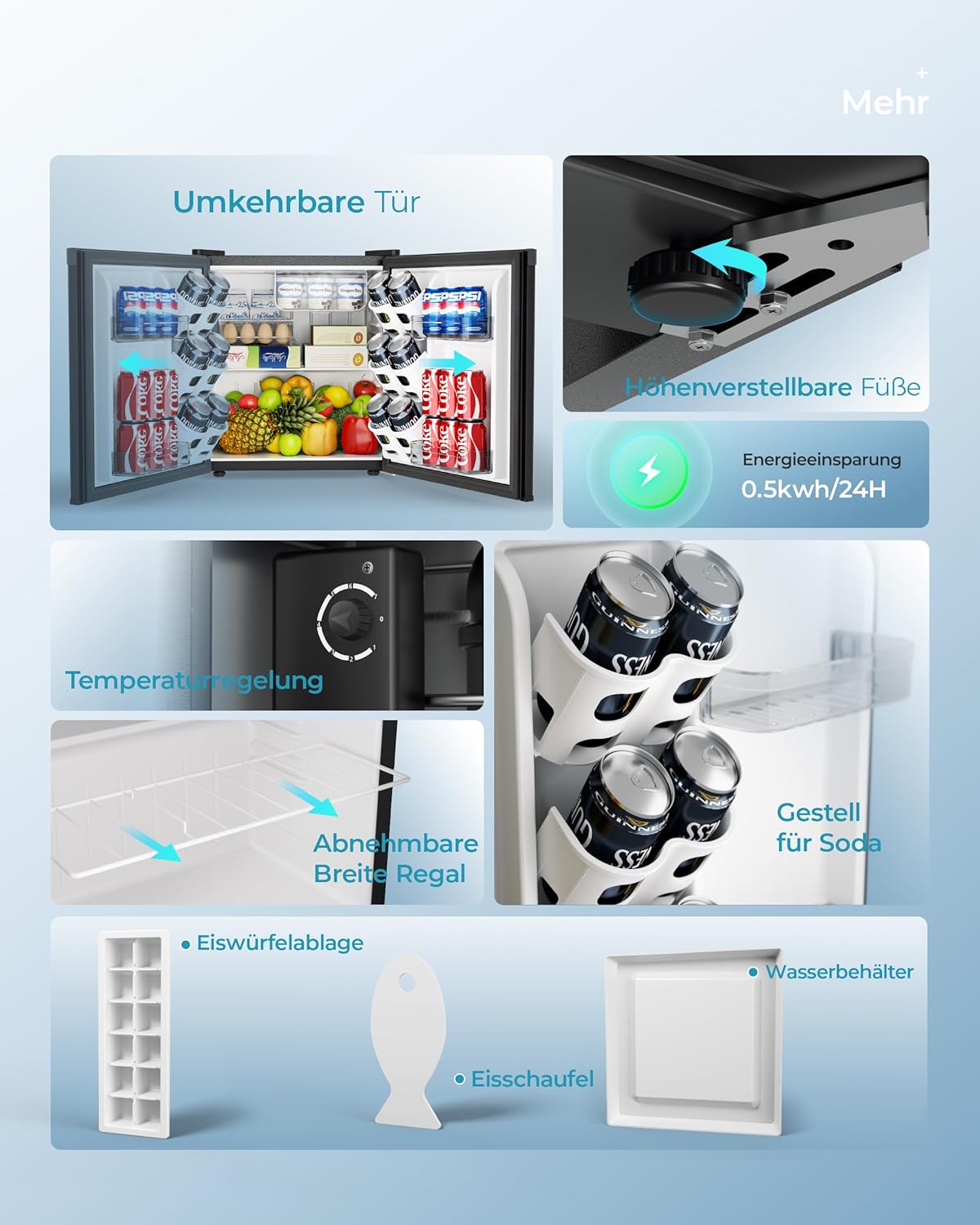 EUHOMY 46L Mini-Kühlschrank mit Umkehrbarer Tür, 7-Stufen Thermostat + Kühlbox, 39dB Ultra-Leise Kühlschrank klein für Schlafzimmer/Büro, Energieeffizient, Kompakt (Schwarz)