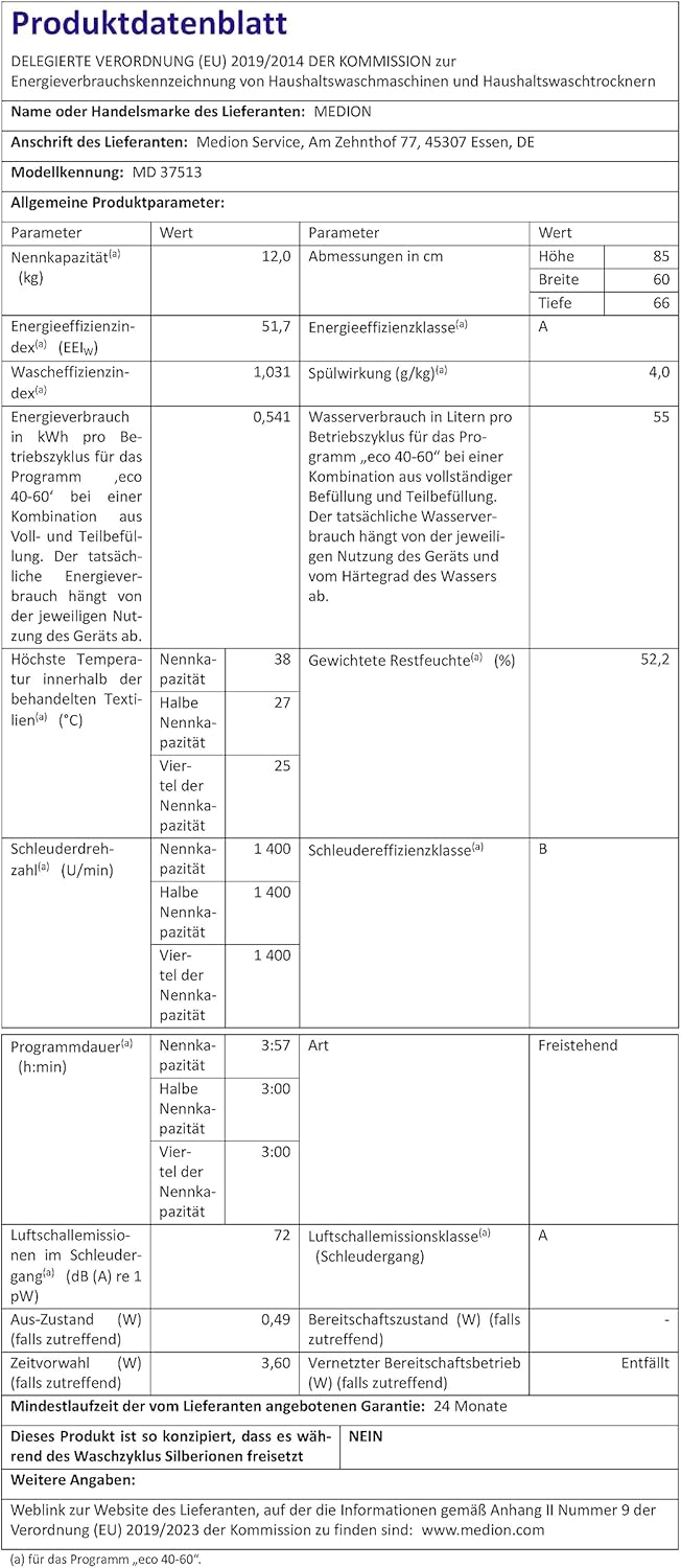 MEDION Waschmaschine (8 kg, 1400 U/Min, 15 Programme, Timerfunktion, Kindersicherung, LED Display, MD 37511)