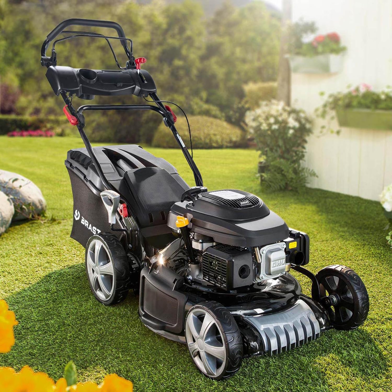 BRAST Benzin Rasenmäher mit Antrieb | 5,2kW(7PS) | Elektrostart | 48cm Schnittbreite | viele Modelle | TÜV | 4 Takt OHV Motor | 30-80mm Schnitthöhe | 60L Fangkorb | Stahlgehäuse | 19224 ESTART Speed
