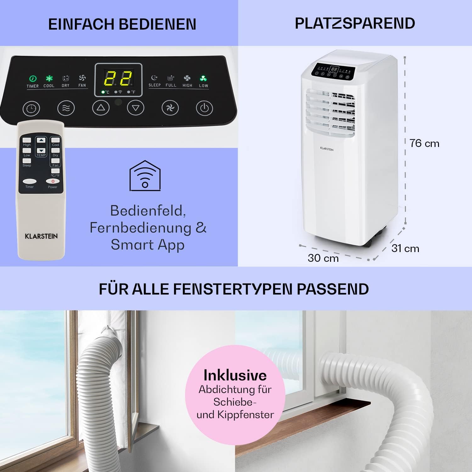 Klarstein Klimaanlage, 4-in-1 Klimagerät, Entfeuchter, Ventilator & Nachtmodus, Mobile Klimaanlage mit Abluftschlauch, App-Steuerung, Air Conditioner für Räume bis 44 m², 9000 BTU, Weiß