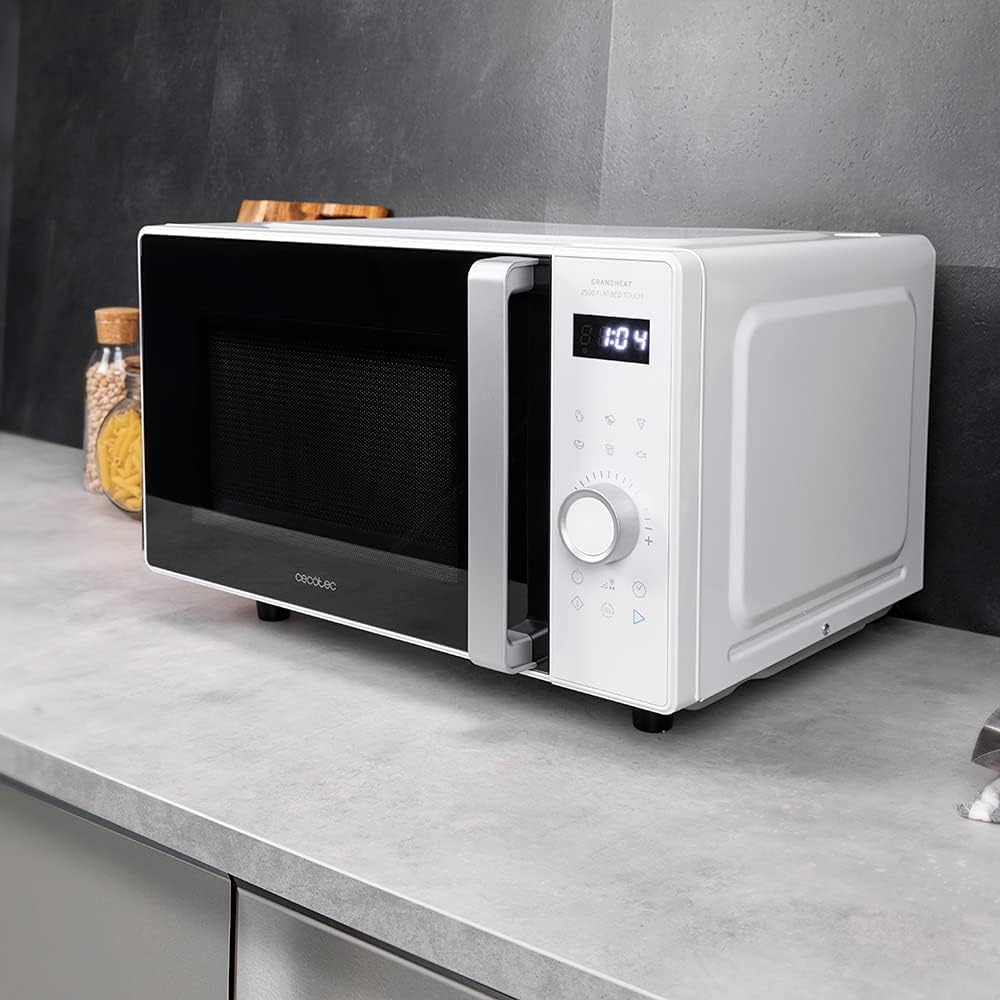 Cecotec Touch-Mikrowelle ohne Teller GrandHeat 2500 Flatbed Touch White. 800 W, 25 Liter Fassungsvermögen, 8 vorkonfigurierte Funktionen, Timer