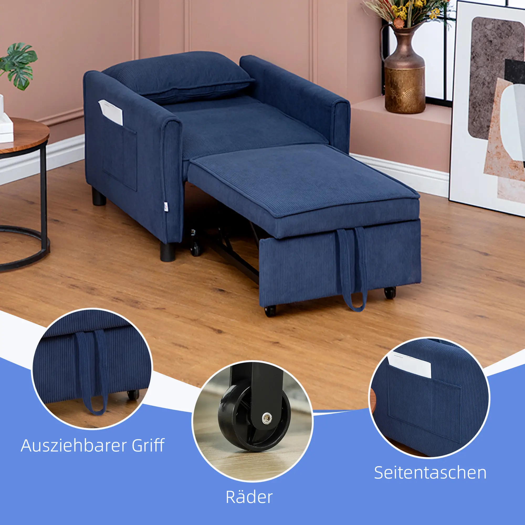 HOMCOM Schlafsessel Klappbett 3in1 verstellbar mit Rollen Blau