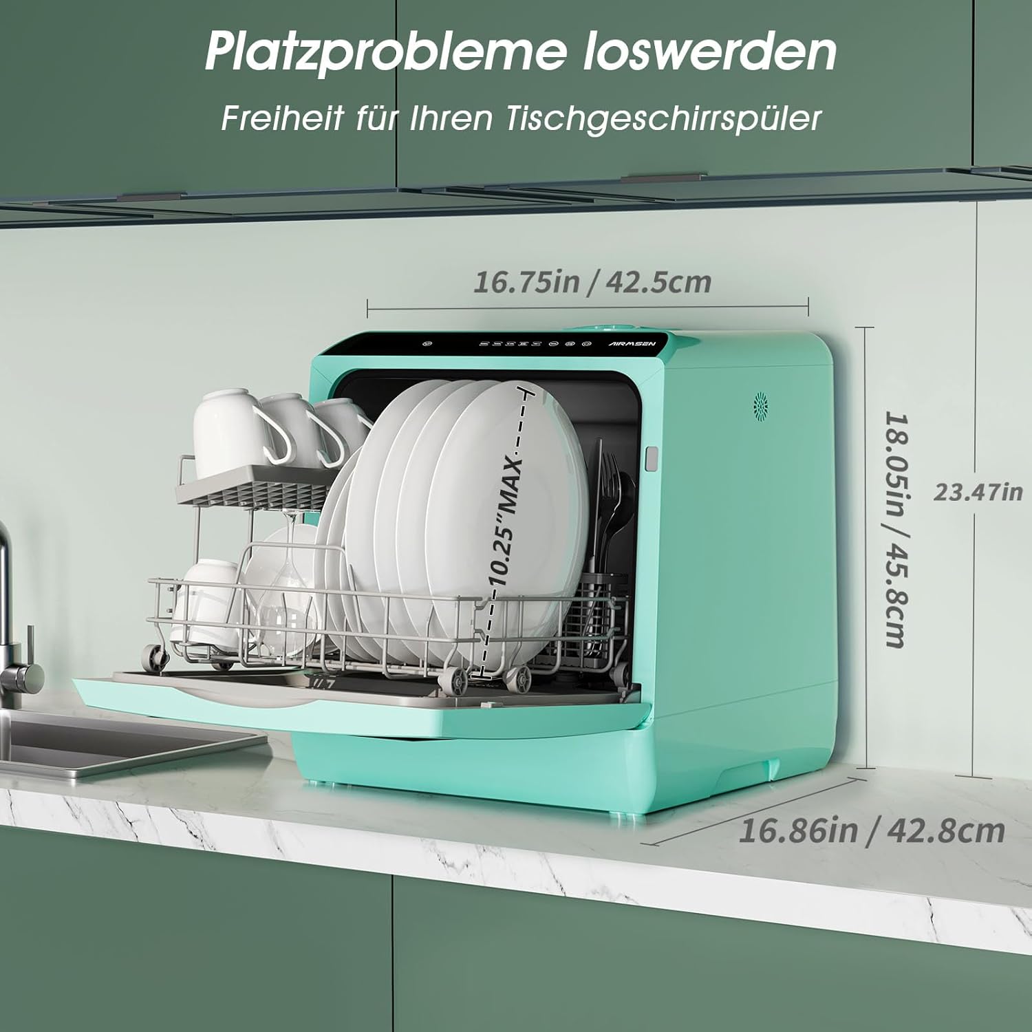AIRMSEN Mini Geschirrspüler Tischgeschirrspüler mit 5+1 Programme 5L Wassertank, 2 Wege Wasserversorgung, Touch Control & LED-Display, Geeignet für Hausküchen, Wohnungen, Schlafsäle, Weiß & Schwarz