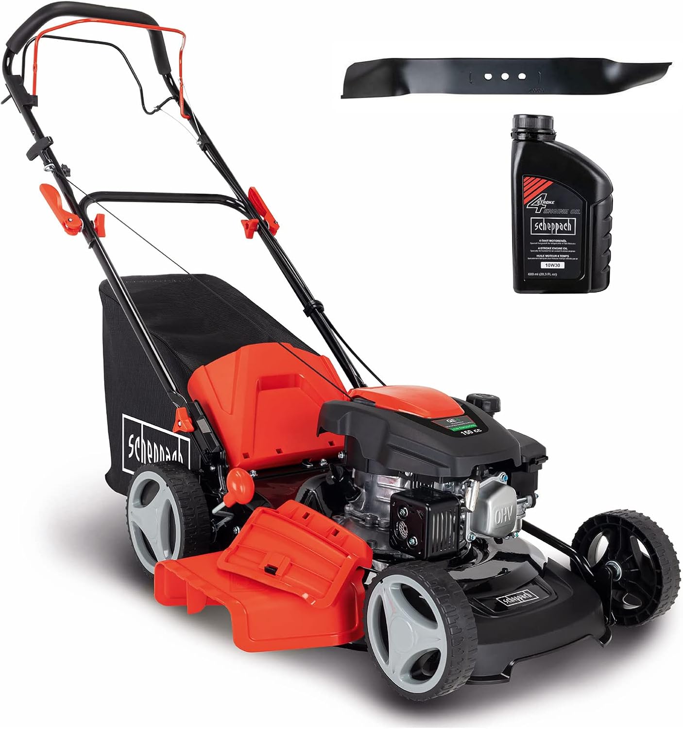 Scheppach MS161-46 Benzin Rasenmäher - 46 cm Schnittbreite | 55 Liter Fangkorb | Stahlgehäuse | 7-stufige Höhenverstellung | Mulchfunktion | Radantrieb | Seitenauswurf | inkl. Motoröl
