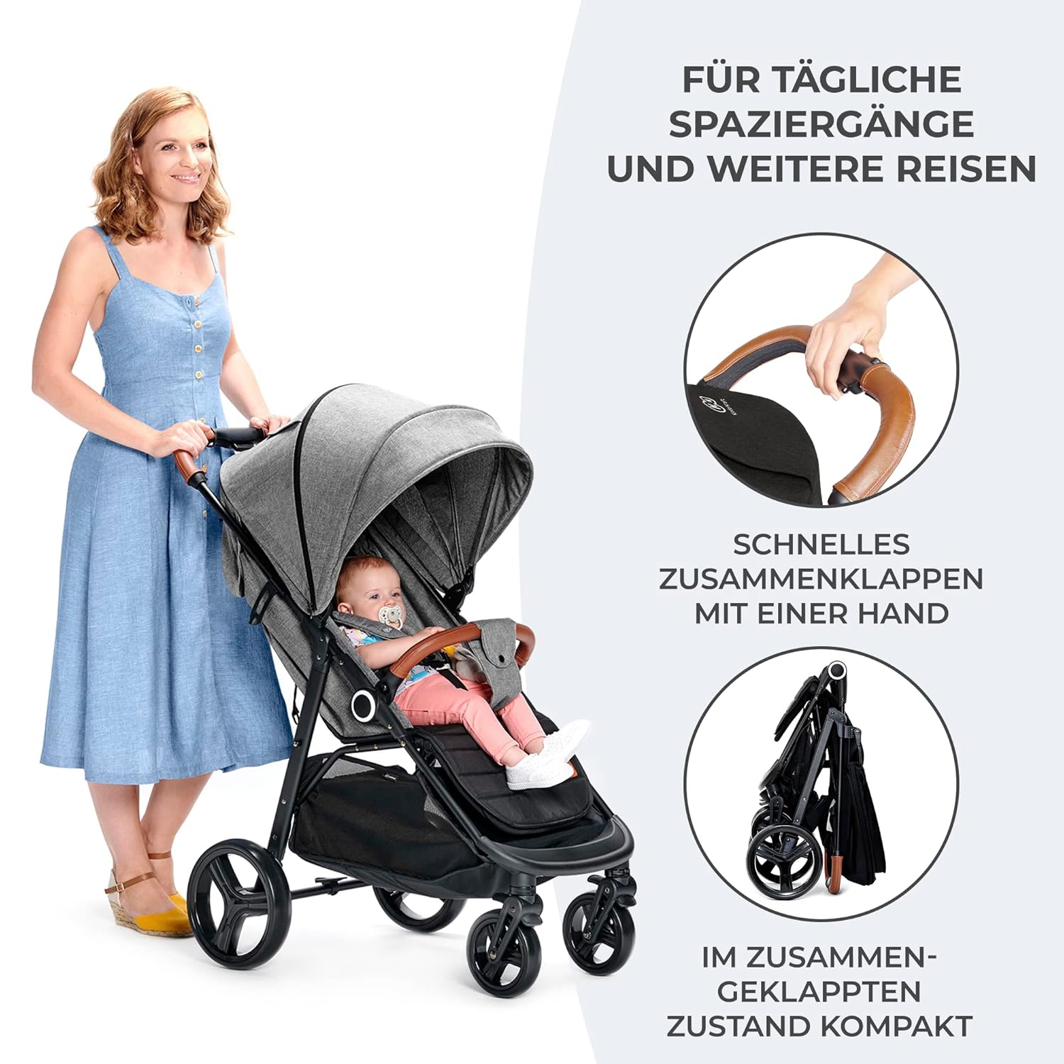 Kinderkraft GRANDE PLUS Kinderkraft buggy von Geburt bis 22 kg, Zusammenklappen mit einer Hand, Liegeposition, großes Verdeck mit Fenster, alle 4 Räder gedämpft, geräumige Sitz, Grau