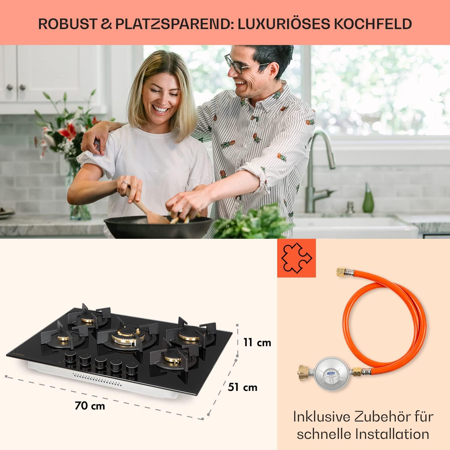 Klarstein Gasherd, Gaskochfeld 5 Flammen, Einbau-Gaskocher für Zuhause & Wohnmobil, Campingkocher mit Glasplatte, Gasherd für Propan- und Erdgas, Edelstahl Gas-Herdplatte Wok Brenner 10400 Watt