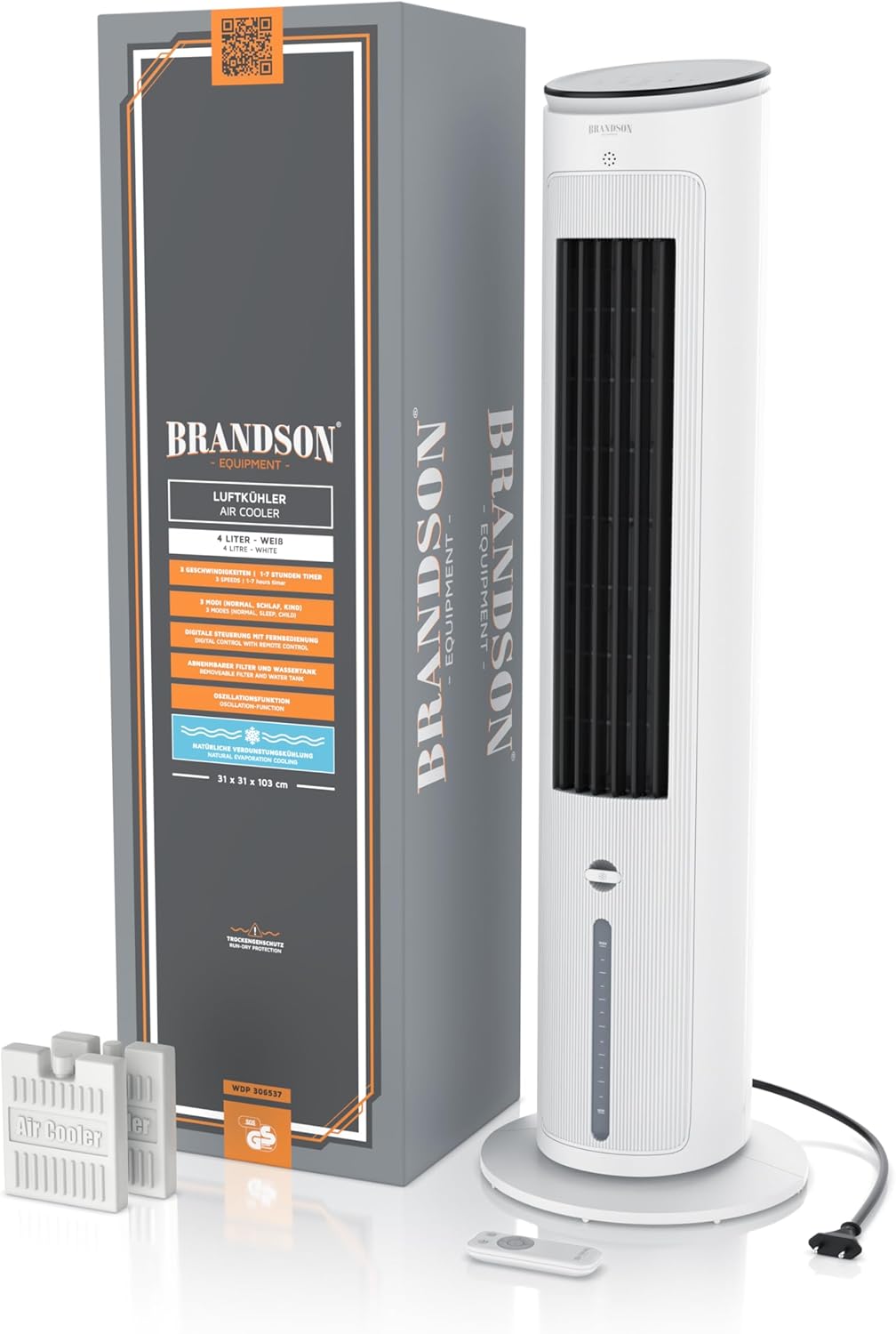 Brandson - Turmventilator mit Wasserkühlung - Preisträger 2025 - Verdunstungskühler - Luftkühler - Ventilator - mobile Klimaanlage ohne Abluftschlauch - 5 in 1 - leise - 4,6 L Wassertank - weiß