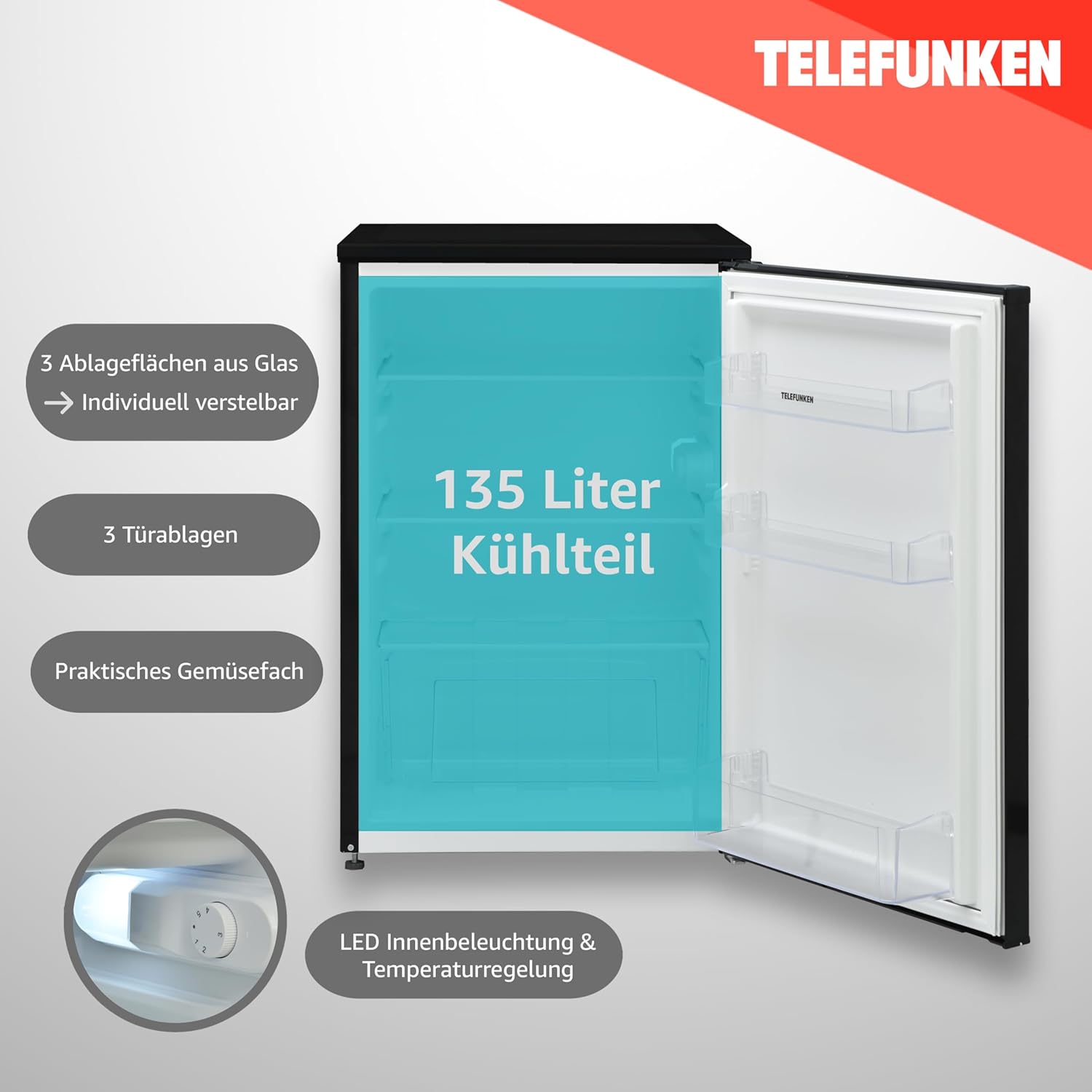 TELEFUNKEN Kühlschrank ohne Gefrierfach | Freistehend | 135 Liter Nutzinhalt | Kühlschrank klein mit Gemüsefach | LED-Beleuchtung | Türanschlag wechselbar | C-135-100-W weiß
