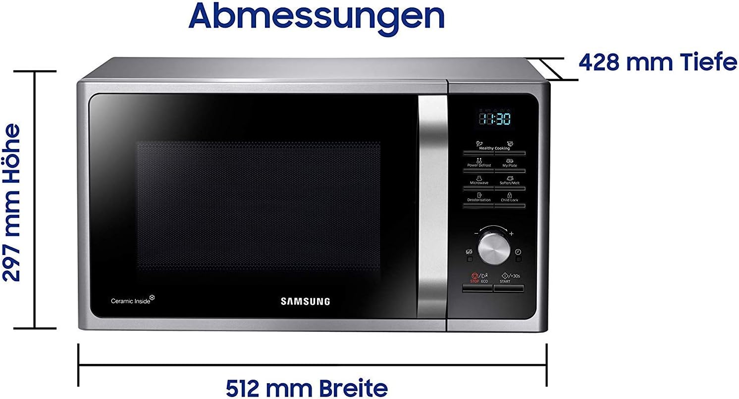Samsung MS2BF303TAS/EG Mikrowelle, 1000 W, 28 ℓ Garraum (Extra groß), 51,2 cm Breite, Power Defrost, 26 Automatikprogramme, Silber