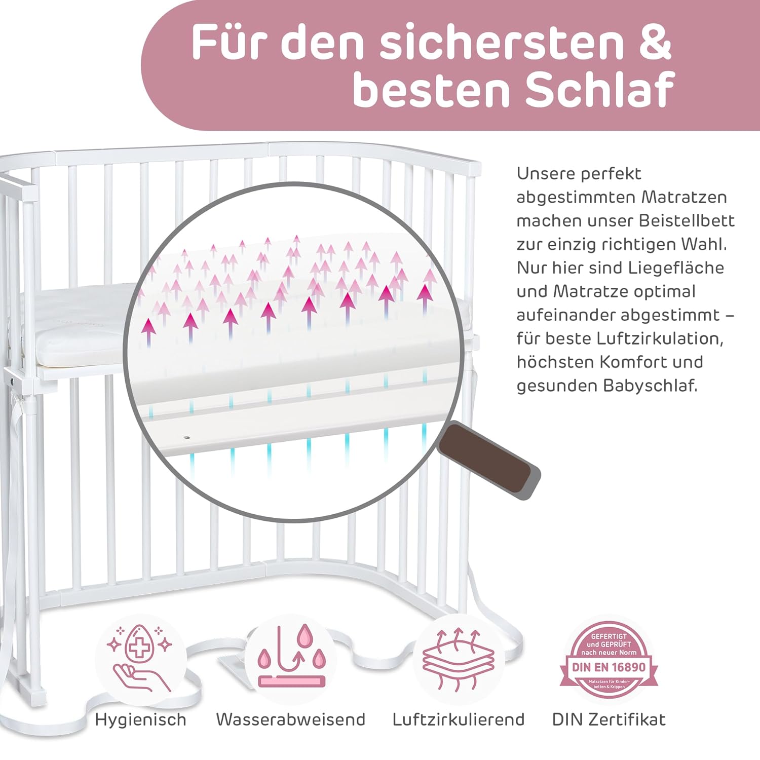 babybay Original Beistellbett aus massivem Buchenholz / kompakt & verwandelbar / Kinderbett Höhe stufenlos verstellbar & umweltfreundlich / mitwachsendes Babybett (weiß lackiert) / inkl. Matratze