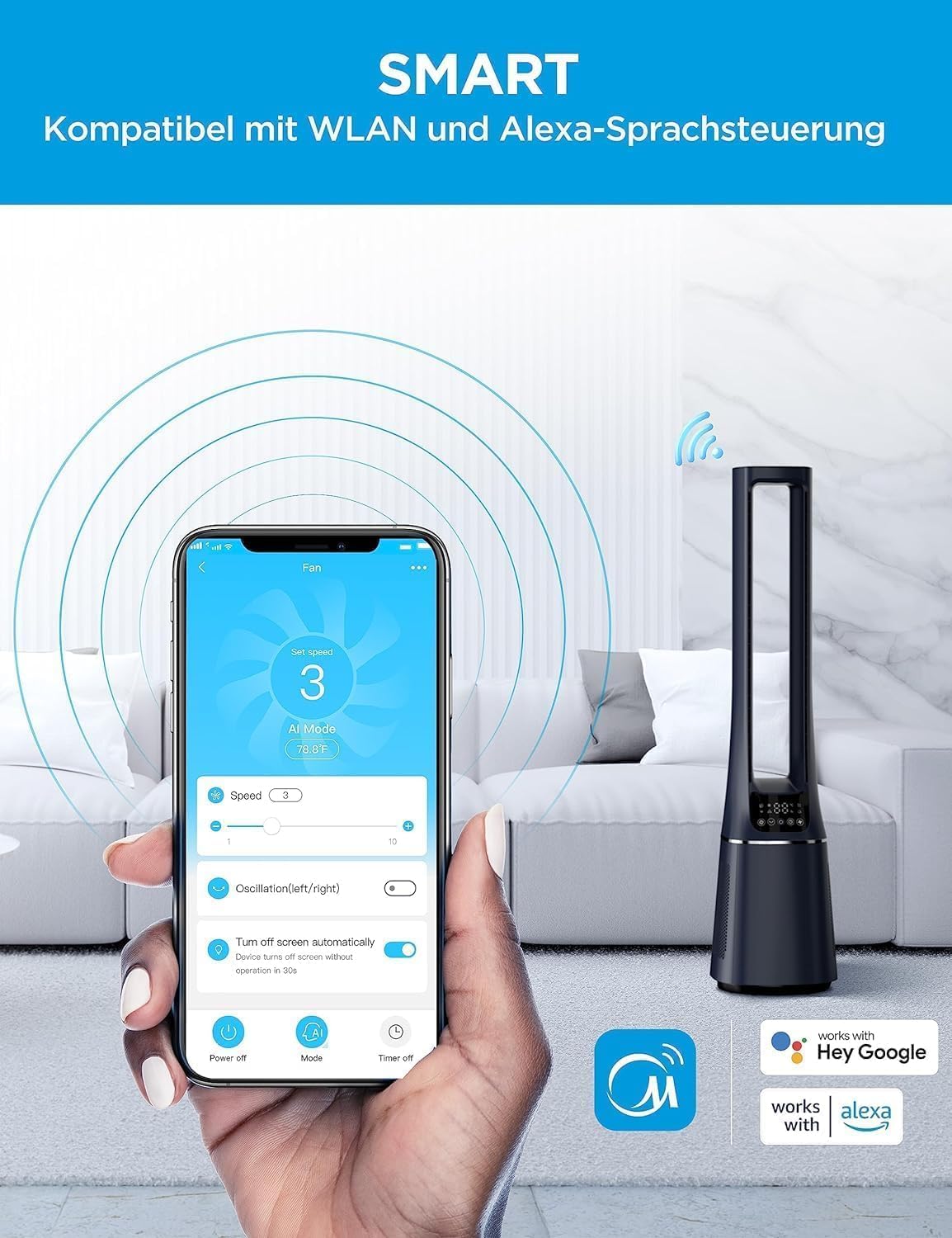 Midea MFP-120i (BL) 2 in 1 Turmventilator Leise 38dB Luftreiniger H13 True HEPA auf 47.6 ㎡ LED Display Fernbedienung Oszillation 12H Timer Kompatibel für Wireless Connection App Alexa Google
