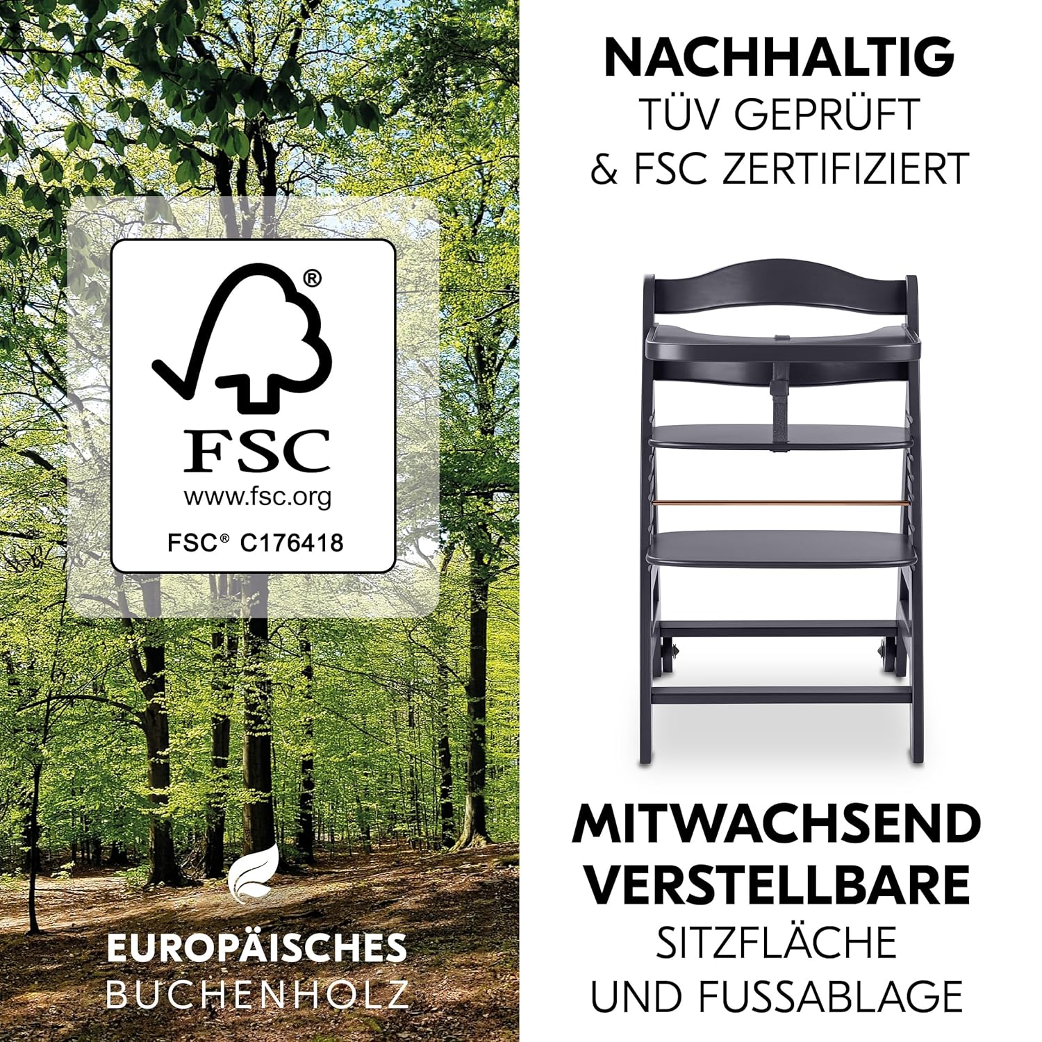 hauck Hochstuhl Beta+ Newborn Set Eco Bouncer - mitwachsender Holz Babyhochstuhl ab Geburt, inkl. Neugeborenenaufsatz, Sitzpolster und Essbrett - Dark Grey