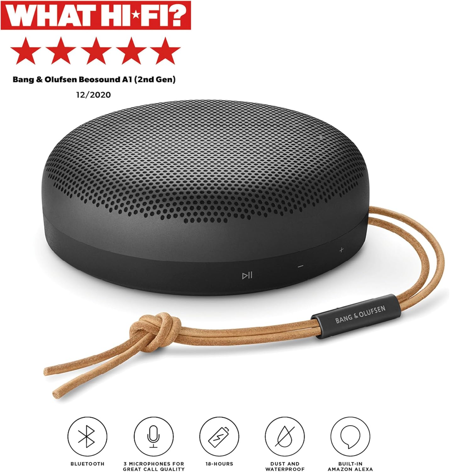 Bang & Olufsen Beosound A1 (2. Gen) – Kabelloser tragbarer IP67 wasserdichter Bluetooth-Lautsprecher mit 360-Grad-Sound, Alexa Voice Assistant & Speakerphone, 18 h Akkulaufzeit - Black Anthracite