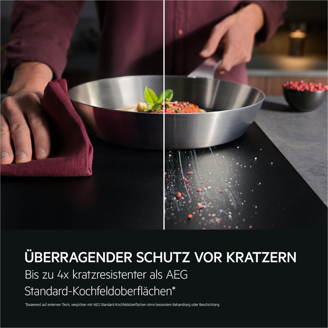 AEG IKE84441XB Autarkes Kochfeld / Herdplatte mit Touchscreen, Topferkennung & Hob²Hood-Funktion / Induktionskochplatte / 4 Kochzonen / Edelstahlrahmen / 80 cm Schwarz