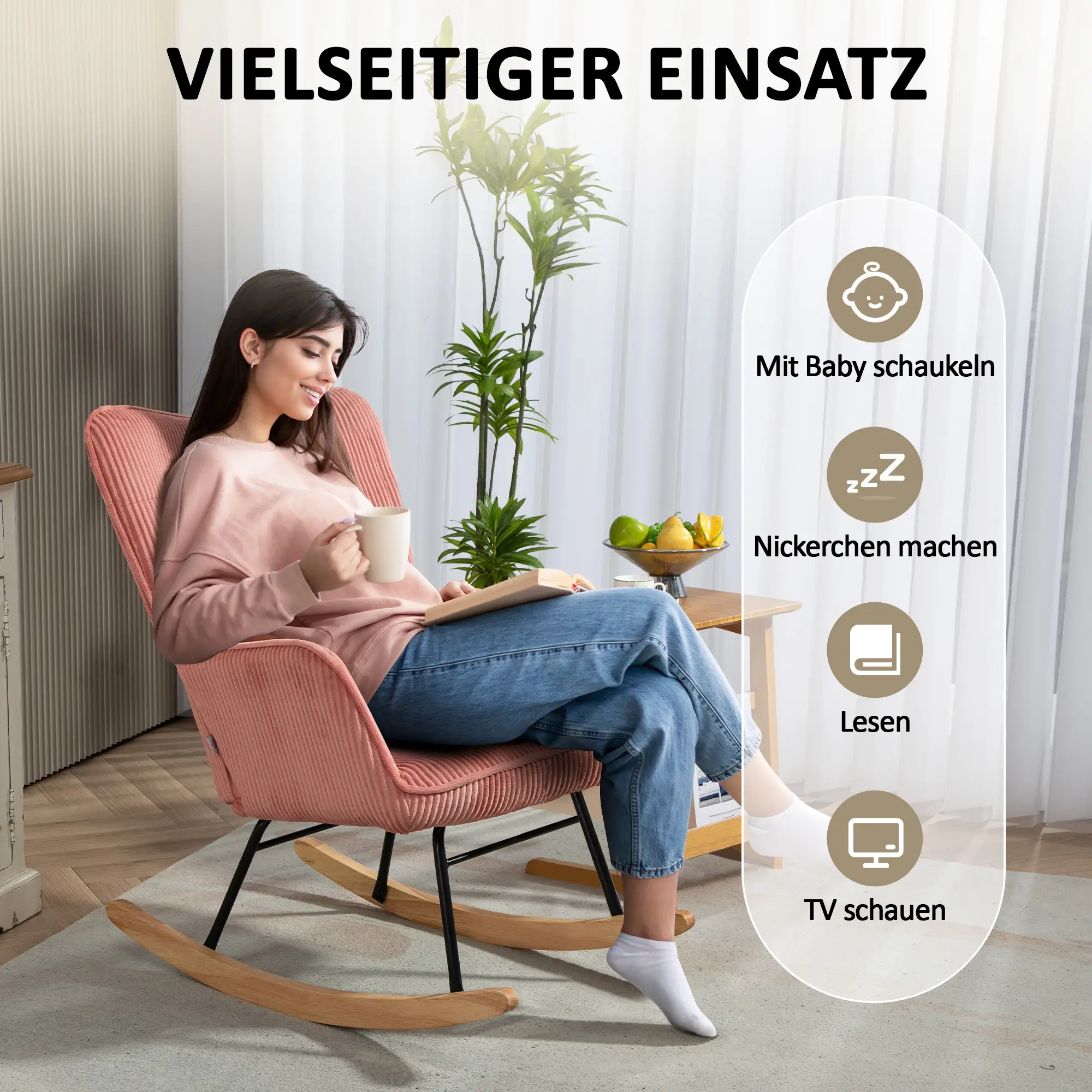 HOMCOM Schaukelstuhl Kord Rosa mit Schaukelfunktion & Komfortpolster