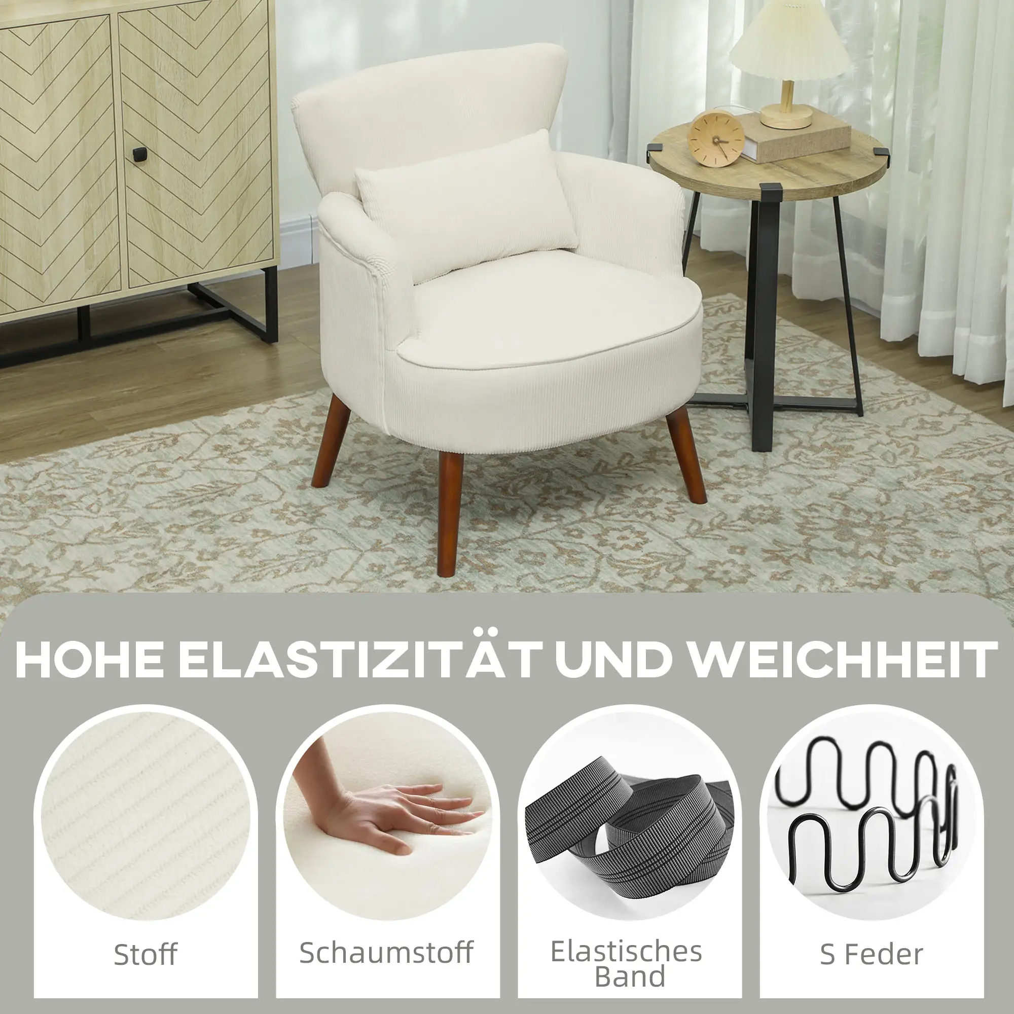 HOMCOM Polstersessel Wohnzimmer weich & federnd Flügelrücken cremeweiß